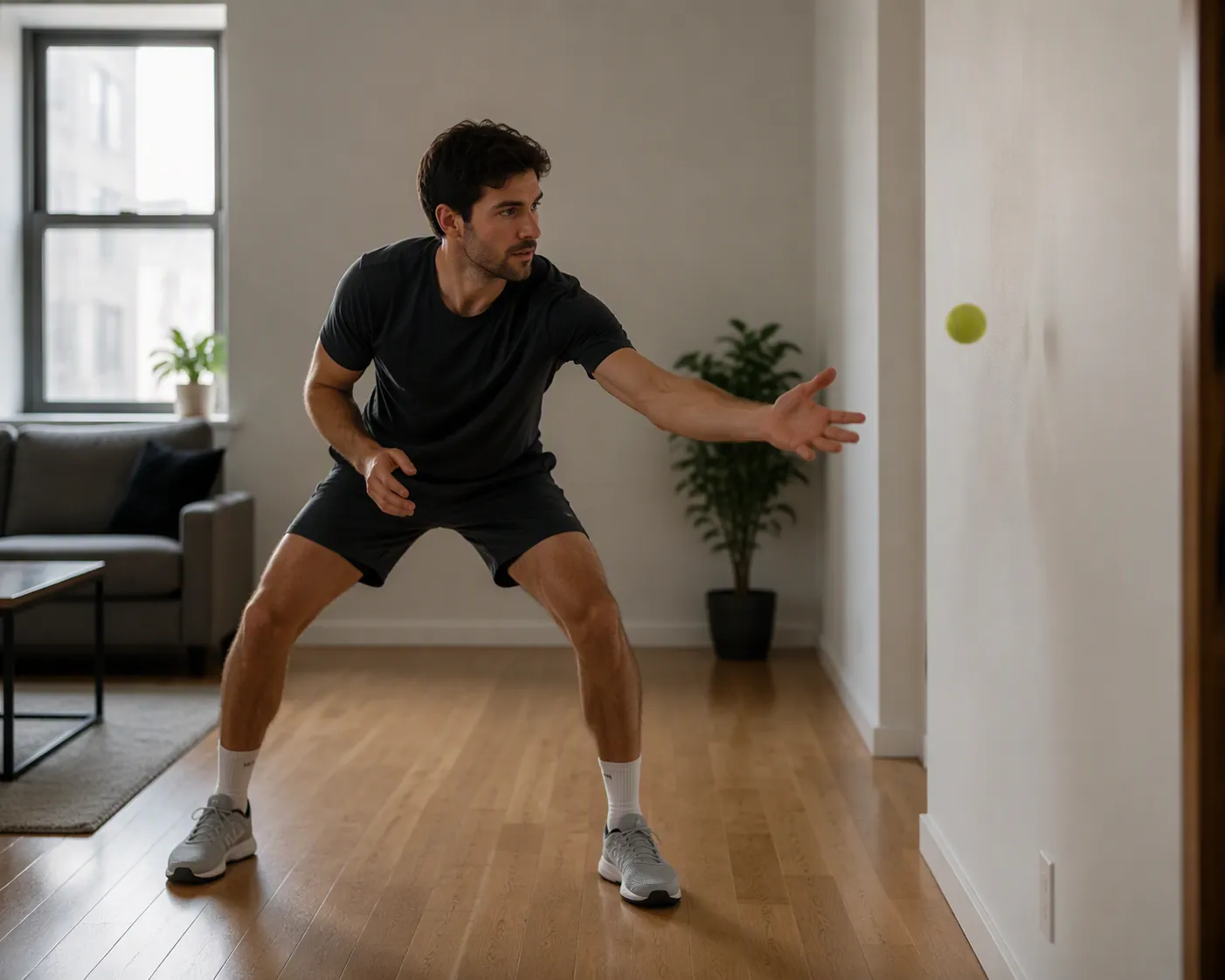 Adult catching a tennis ball against a living-room wall from an athletic stance