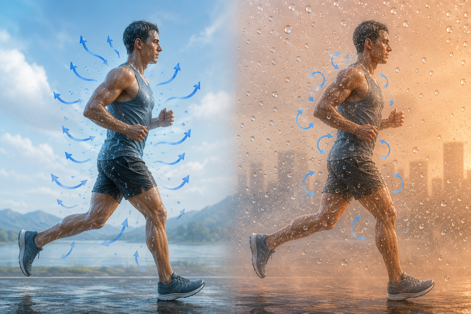 Comparison of sweat evaporating easily in dry air and being blocked in humid air