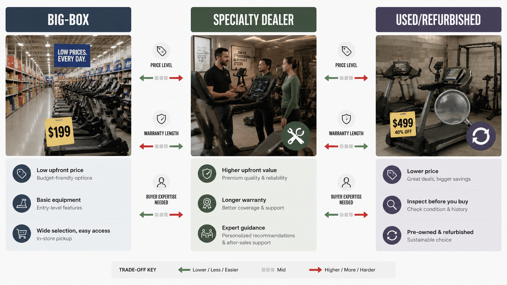 Comparison graphic for big-box, specialty dealer, and used or refurbished fitness equipment stores