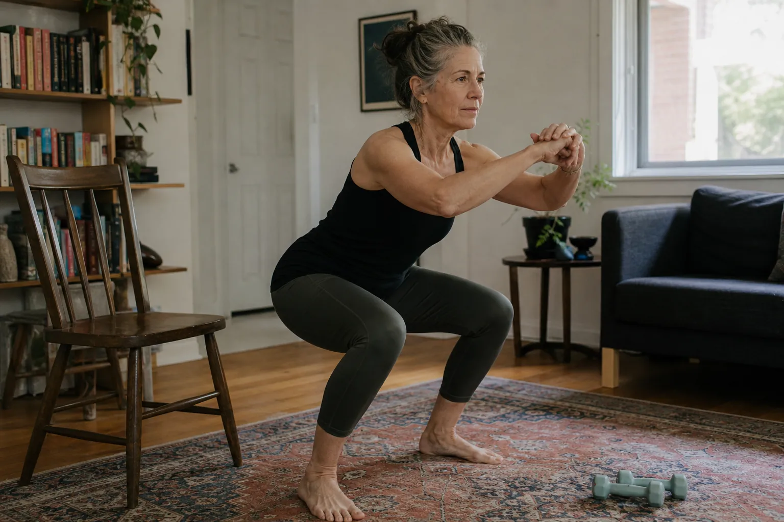 Woman in her late 50s doing a bodyweight squat in a small living room with a chair, rug, and dumbbells nearby