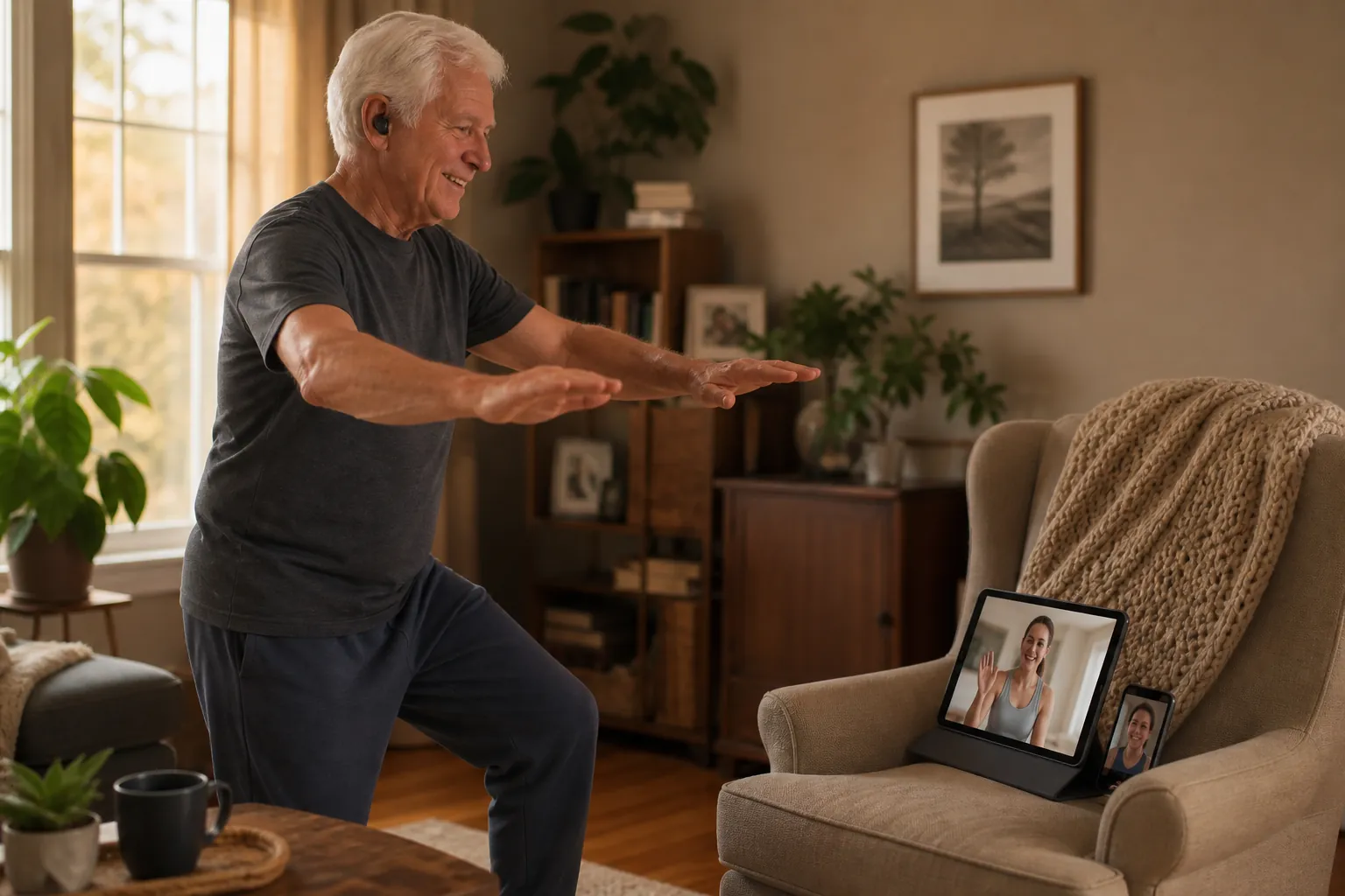 Older man doing gentle balance exercises at home while following an instructor on a tablet with a family video call nearby