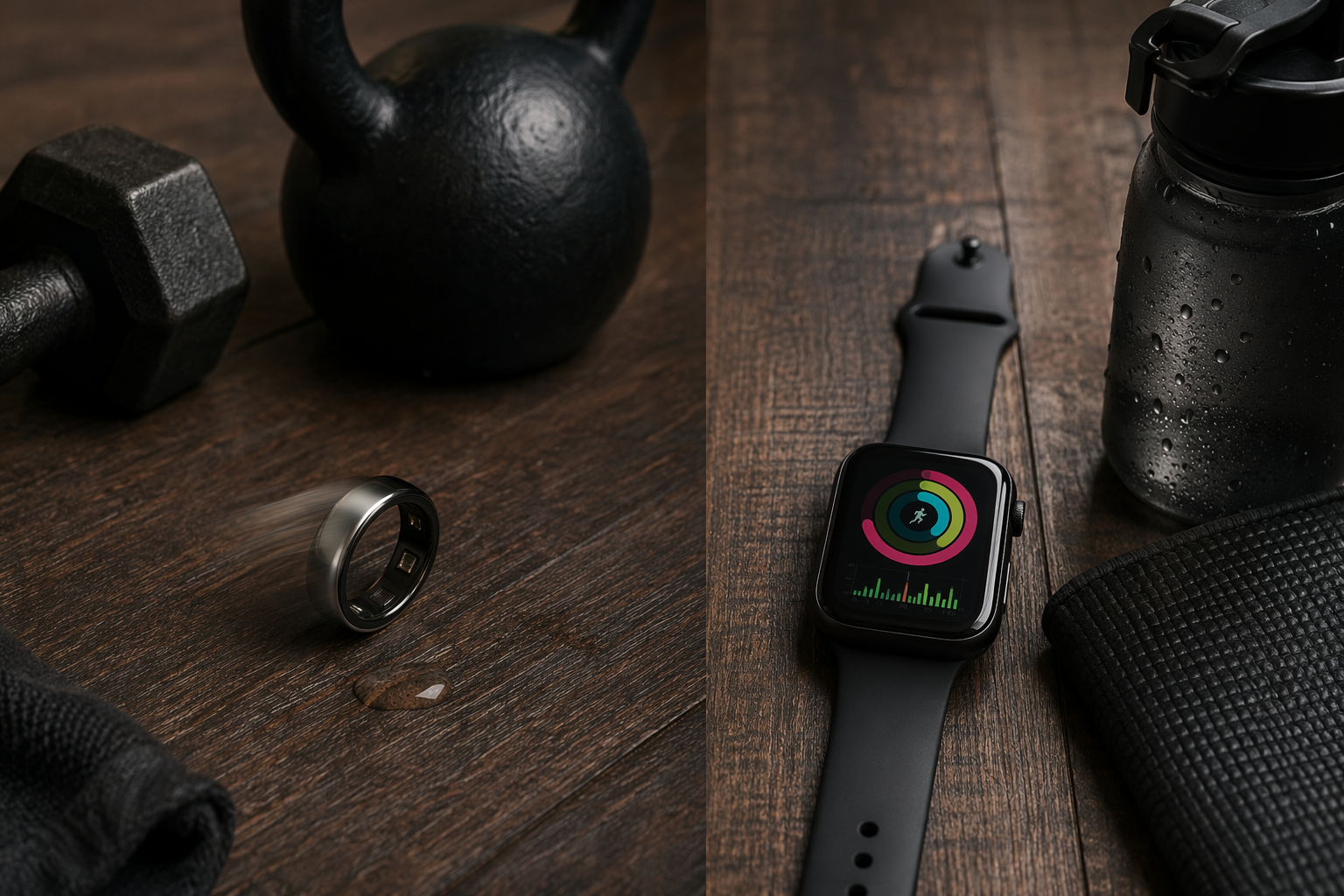 Smart ring and smartwatch arranged beside home gym equipment