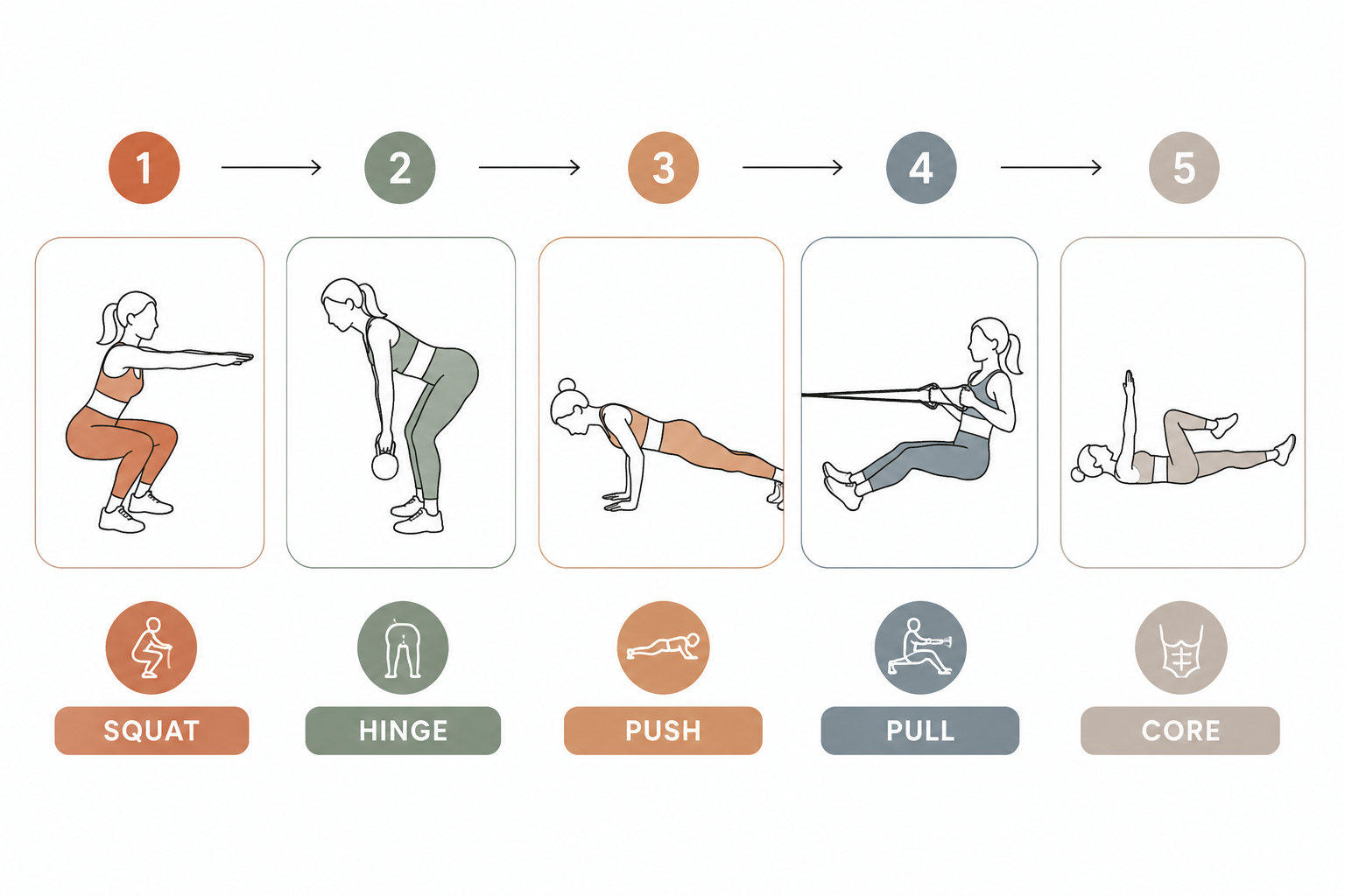 Illustration of five foundational movement patterns: squat, hinge, push, pull, and core