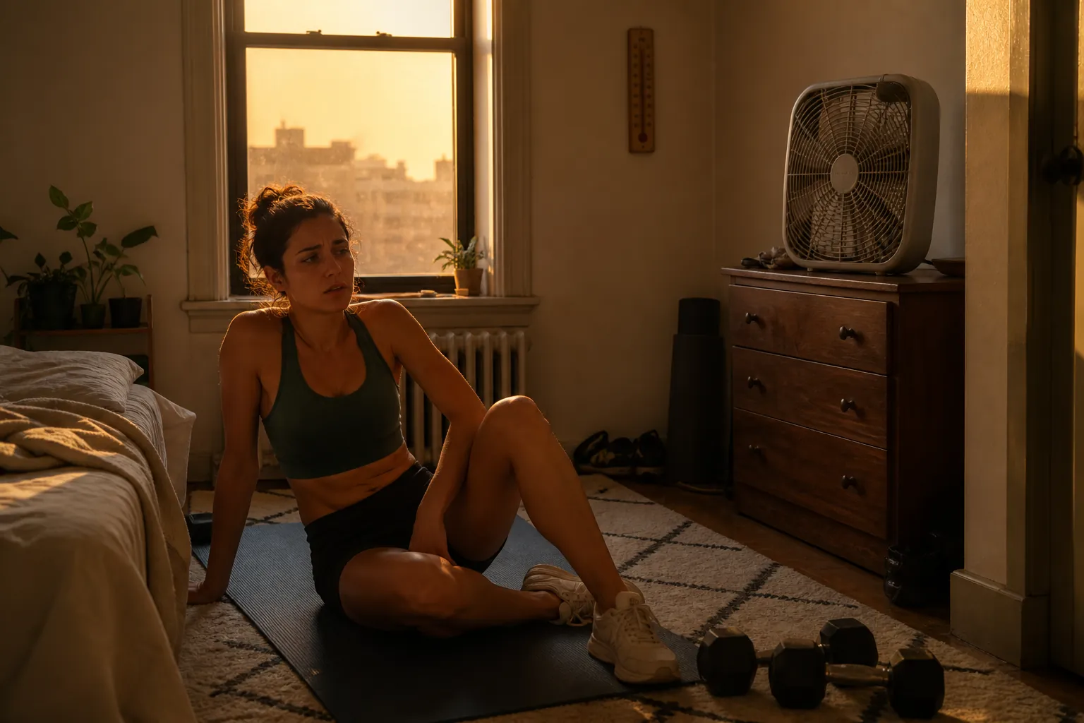 Small apartment workout corner during a heat wave with a mat, dumbbells, box fan, thermometer, and hazy light