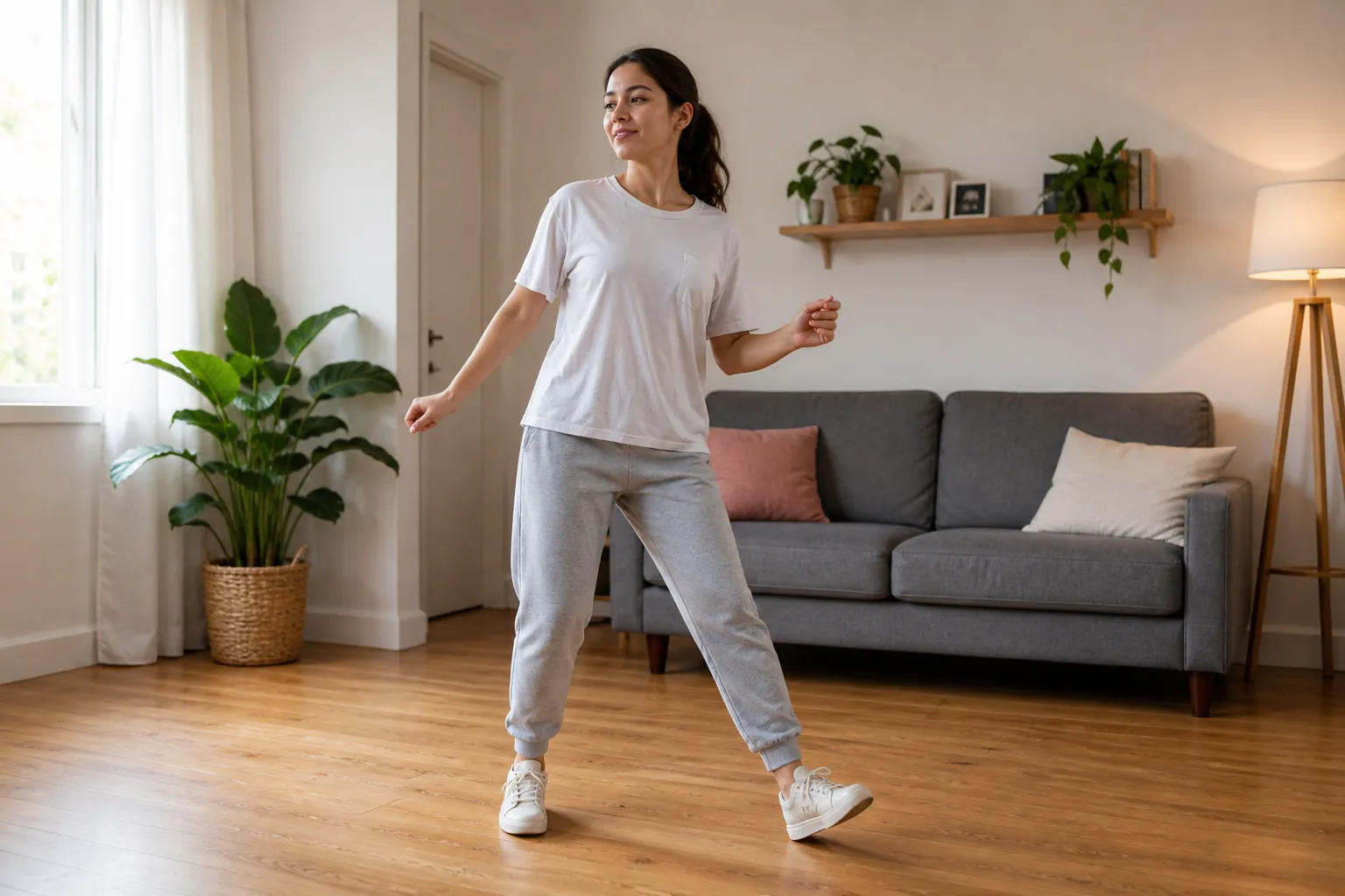 Person doing a low-impact step-touch dance move in a small cleared apartment living room