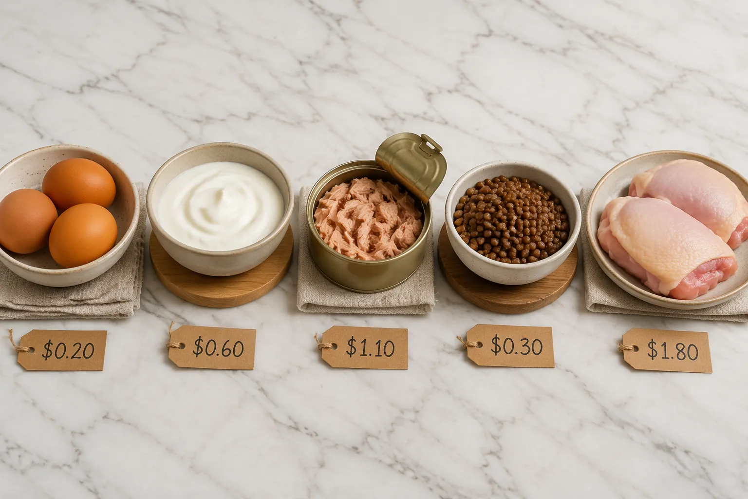 Eggs, Greek yogurt, canned tuna, lentils, and chicken thighs arranged for value comparison