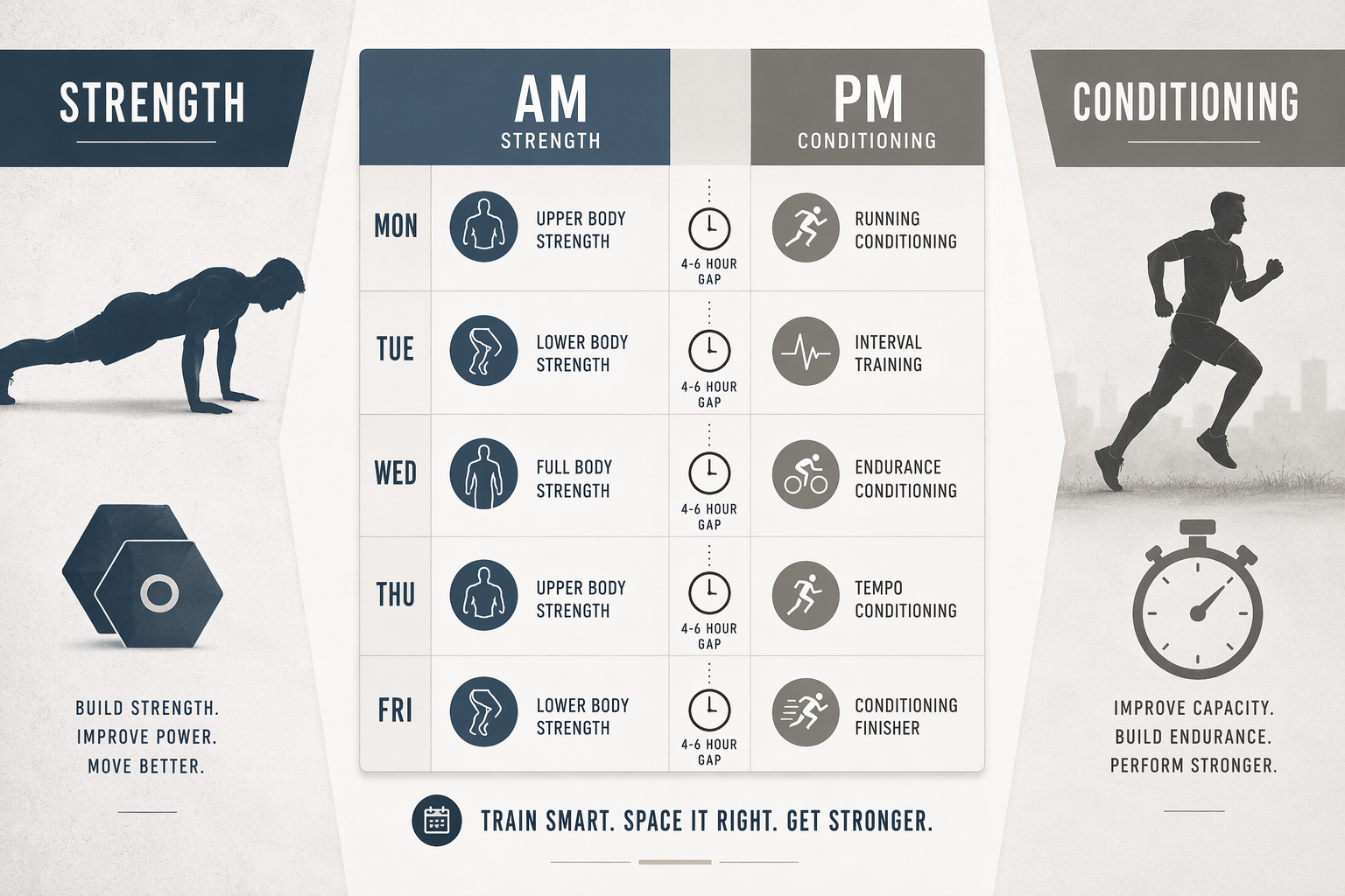 Weekly training calendar showing morning strength and afternoon conditioning with 4-6 hour spacing