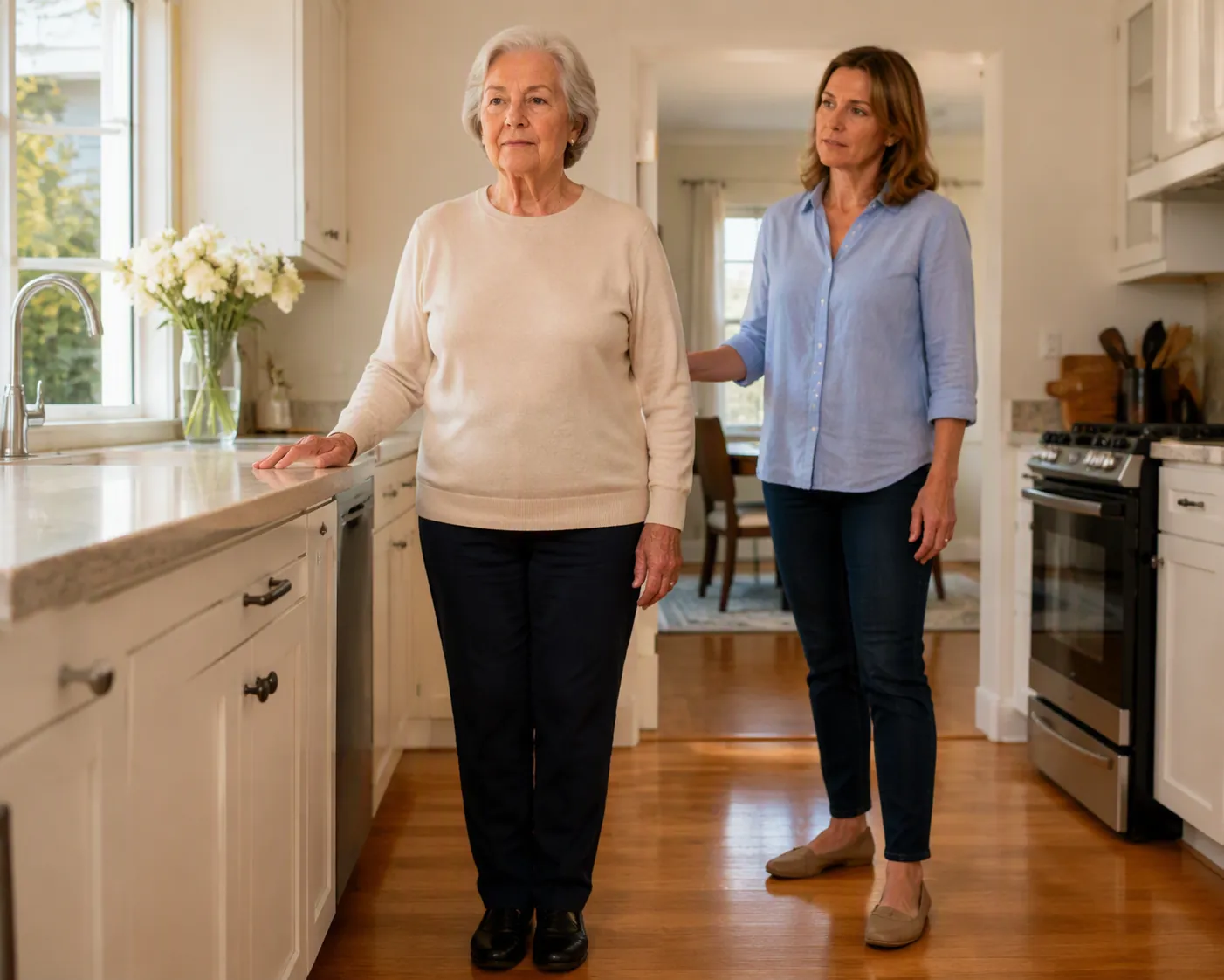 Older woman practicing a feet-together balance hold beside a kitchen counter while an adult daughter stands nearby