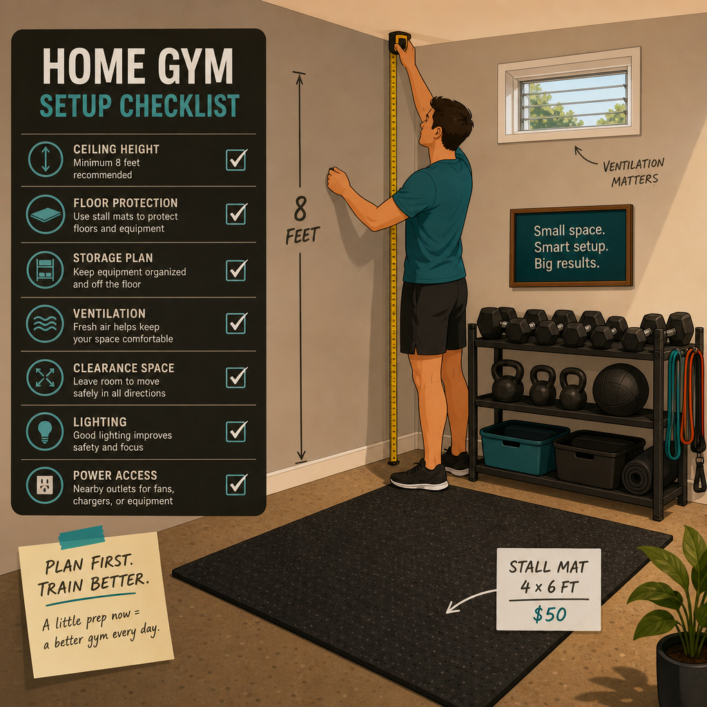 Practical checklist illustration showing a person measuring ceiling height with a tape measure marked at 8 feet, a rubber stall mat labeled '$50' on the floor, compact storage for dumbbells and bands against a wall, and a small ventilation window.