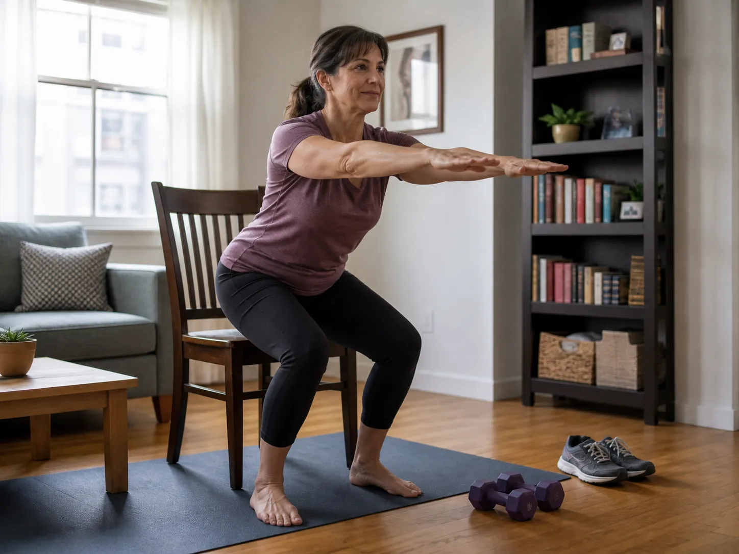 Woman performing a bodyweight chair squat beside a chair in a compact apartment