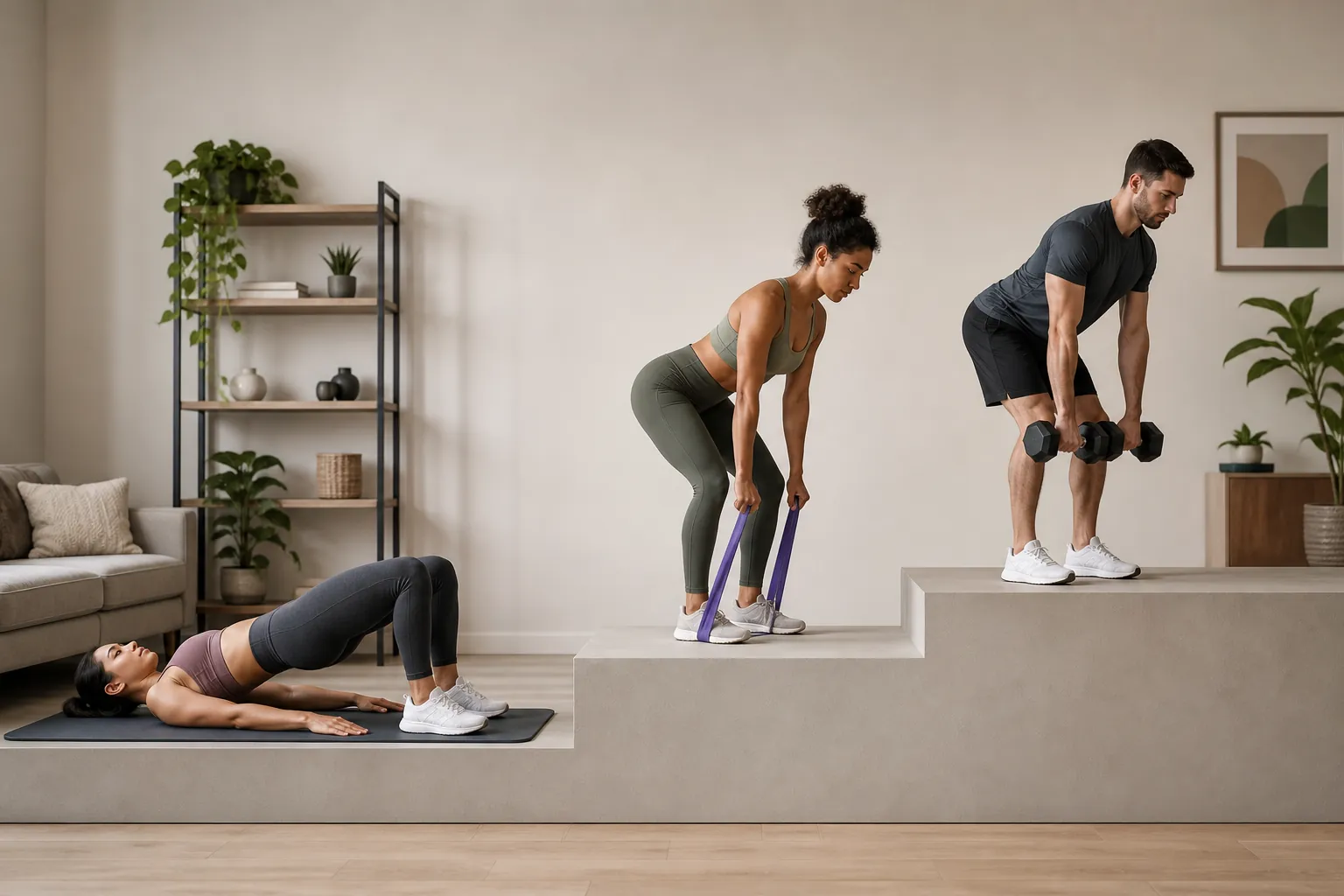 Home exerciser progressing from bodyweight glute bridge to resistance band deadlift to dumbbell Romanian deadlift in an apartment