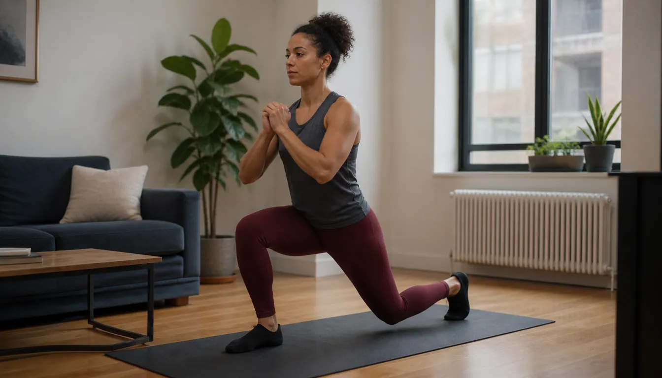 A person doing a slow reverse lunge on a mat in a small apartment as a quiet no-jump exercise