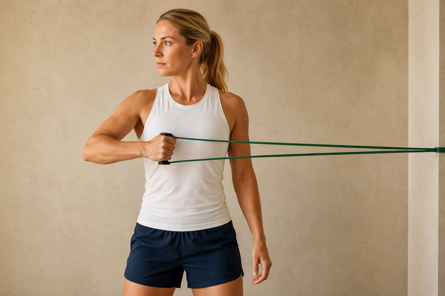 Athlete performing a shoulder external rotation with a resistance band
