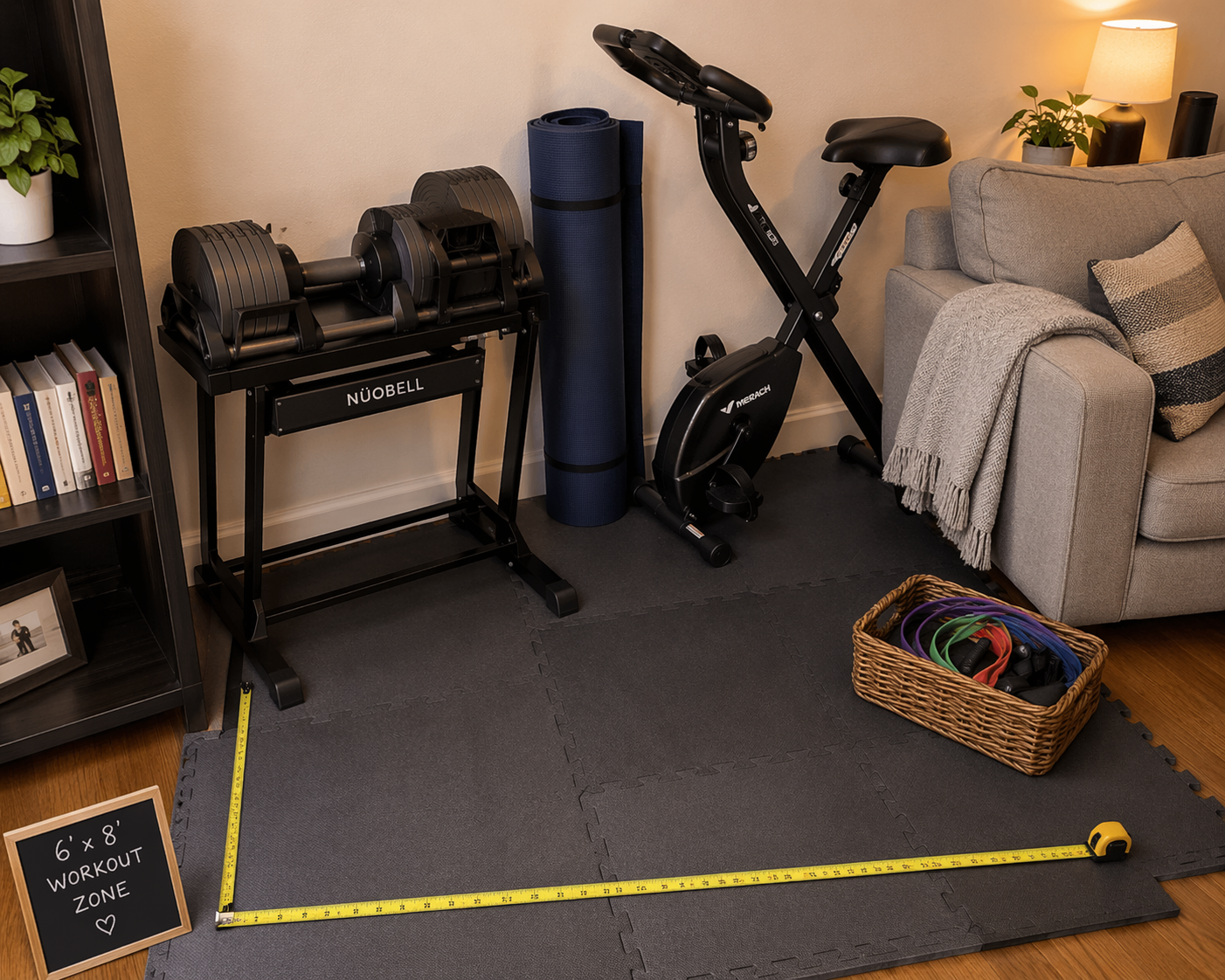A warm residential flat-lay photograph of a compact home gym in an apartment corner showing adjustable dumbbells on a stand, a folded yoga mat, a small folding exercise bike beside a couch, a basket of resistance bands, and interlocking foam tiles, with a measuring tape on the floor indicating the space dimensions.