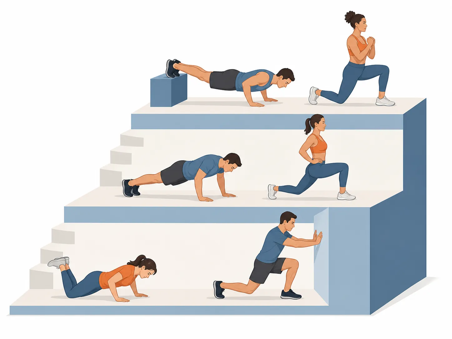 Illustration of beginner, standard, and advanced pushup and lunge variations on an ascending difficulty ladder