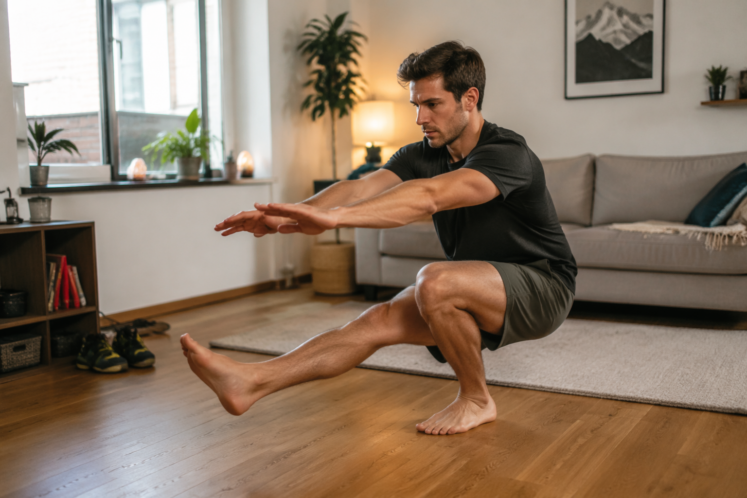 Climber performing a pistol squat in a sunlit apartment living room