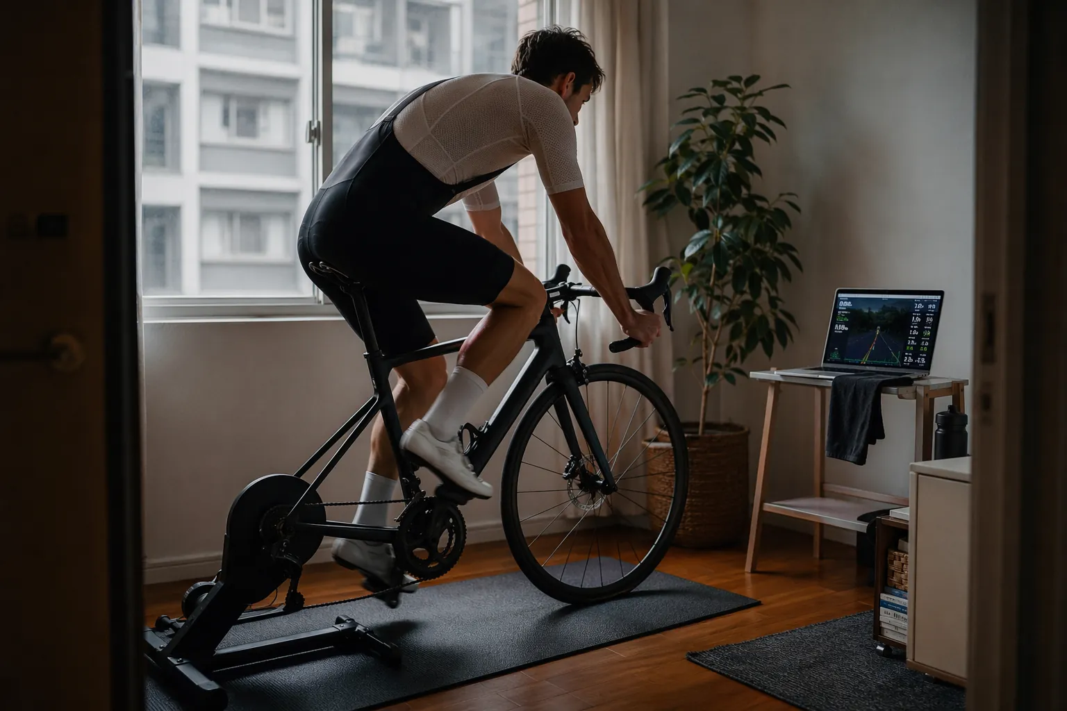 Amateur cyclist riding a direct-drive smart trainer in a modest apartment corner with a laptop training app nearby