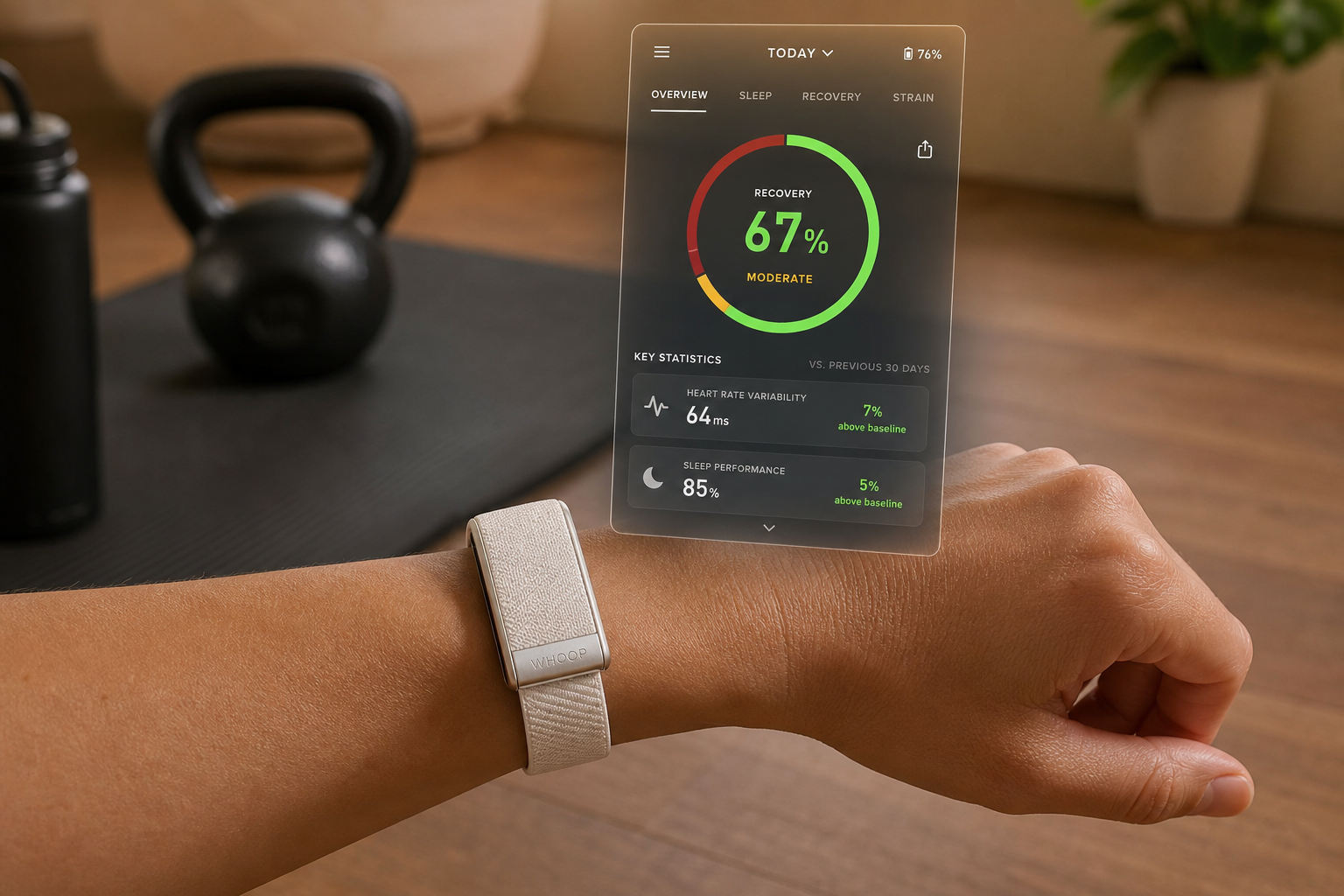 A WHOOP 5.0 band on a wrist in a home gym setting with a kettlebell and yoga mat in the background, warm soft lighting, and a floating smartphone app UI overlay showing a circular green-yellow-red recovery dial alongside HRV and sleep metrics.