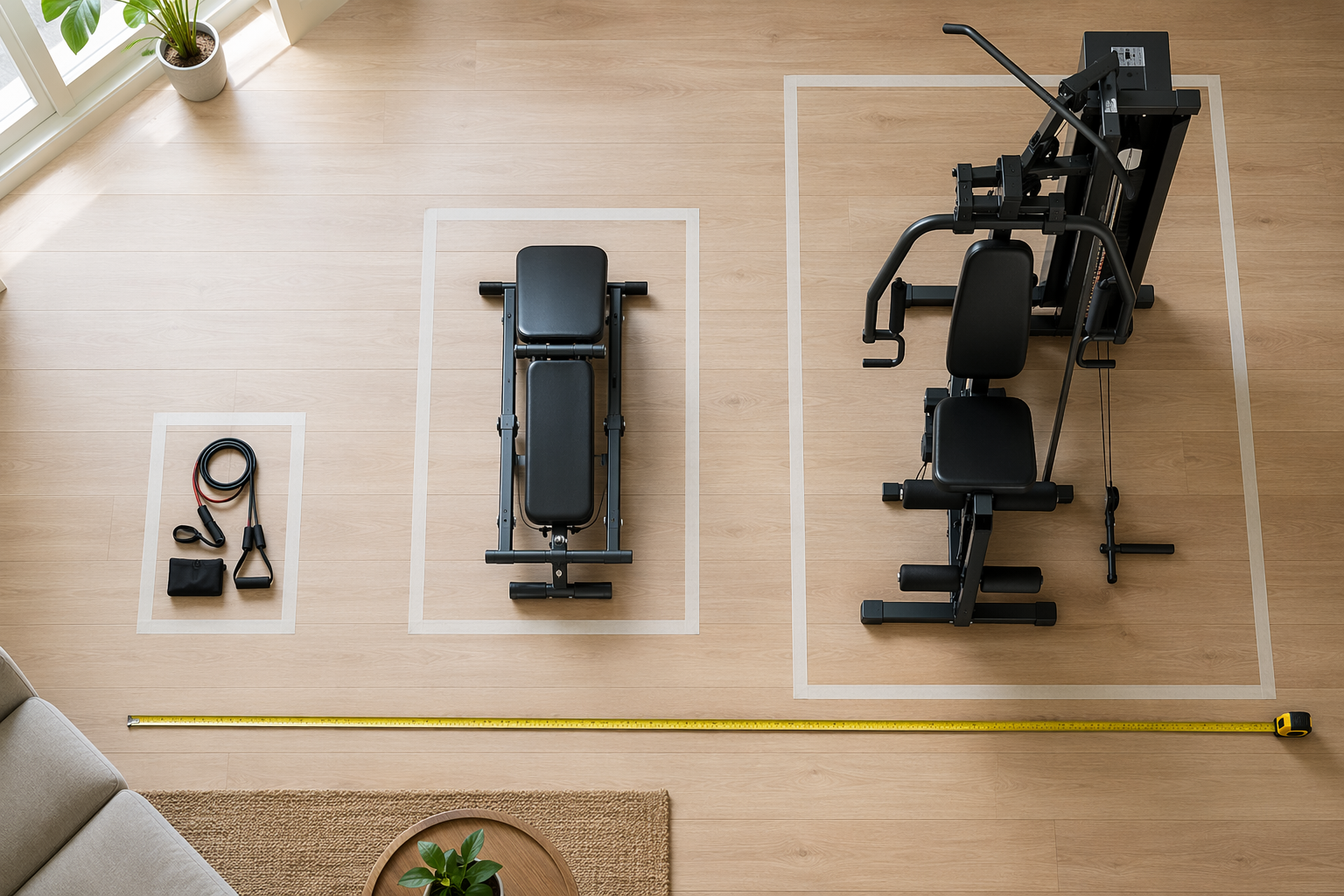Overhead view of three taped home gym footprint zones on a wood floor with a measuring tape