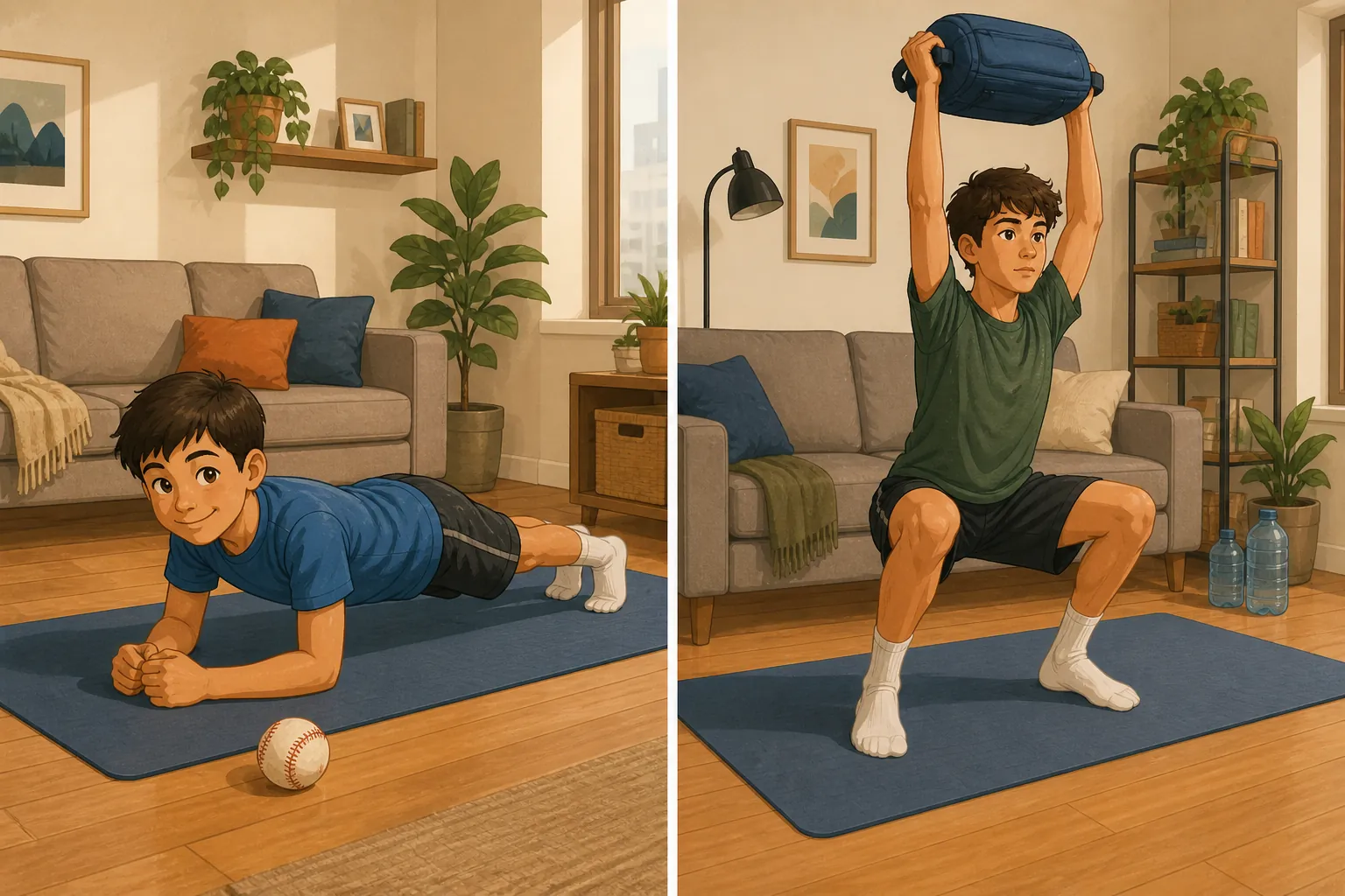 Younger child holding a bodyweight plank and older child using light household items for controlled training in a small apartment