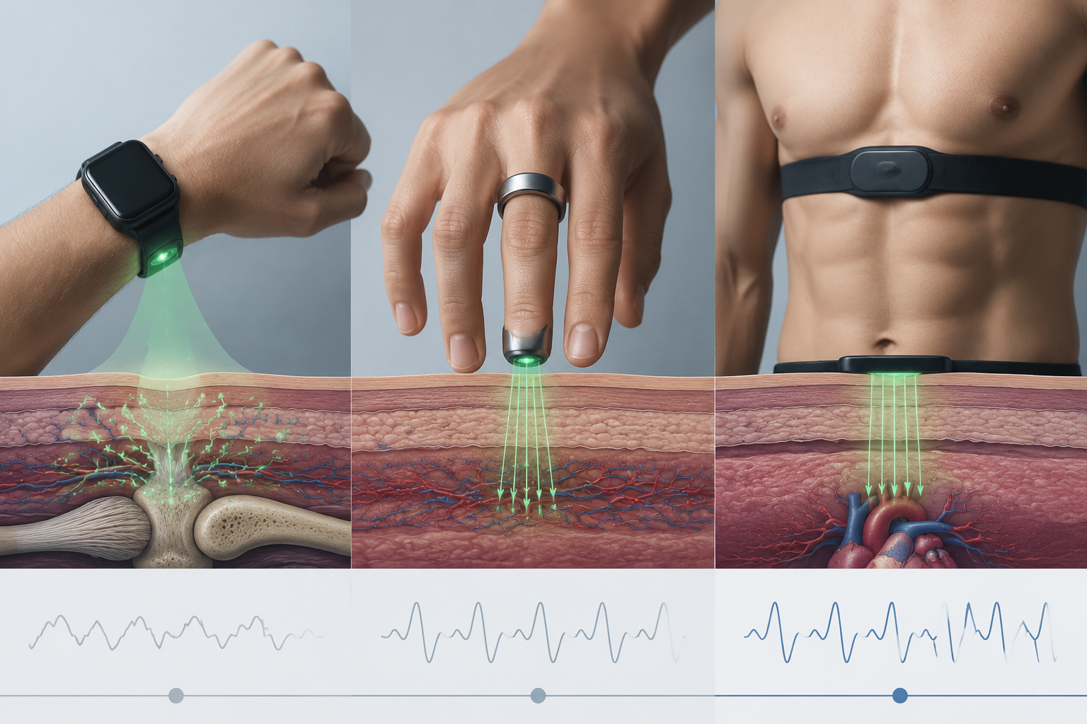 Illustration comparing wrist, finger, and chest sensor locations for wearable heart and recovery measurements