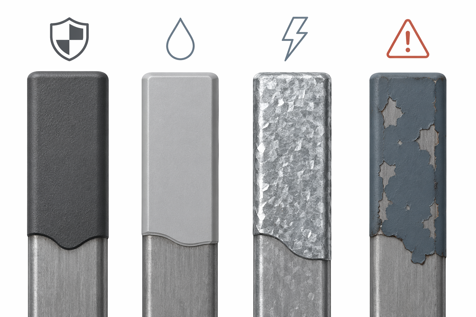 Infographic comparing four coating types for outdoor fitness steel: powder coat, e-coat primer, hot-dipped galvanization, and standard paint.