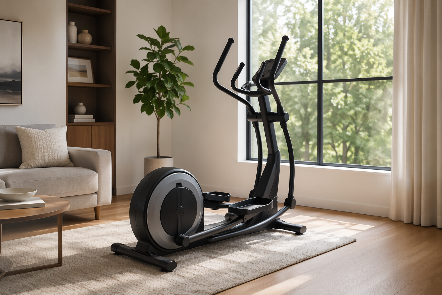 A modern elliptical machine in a bright home living room