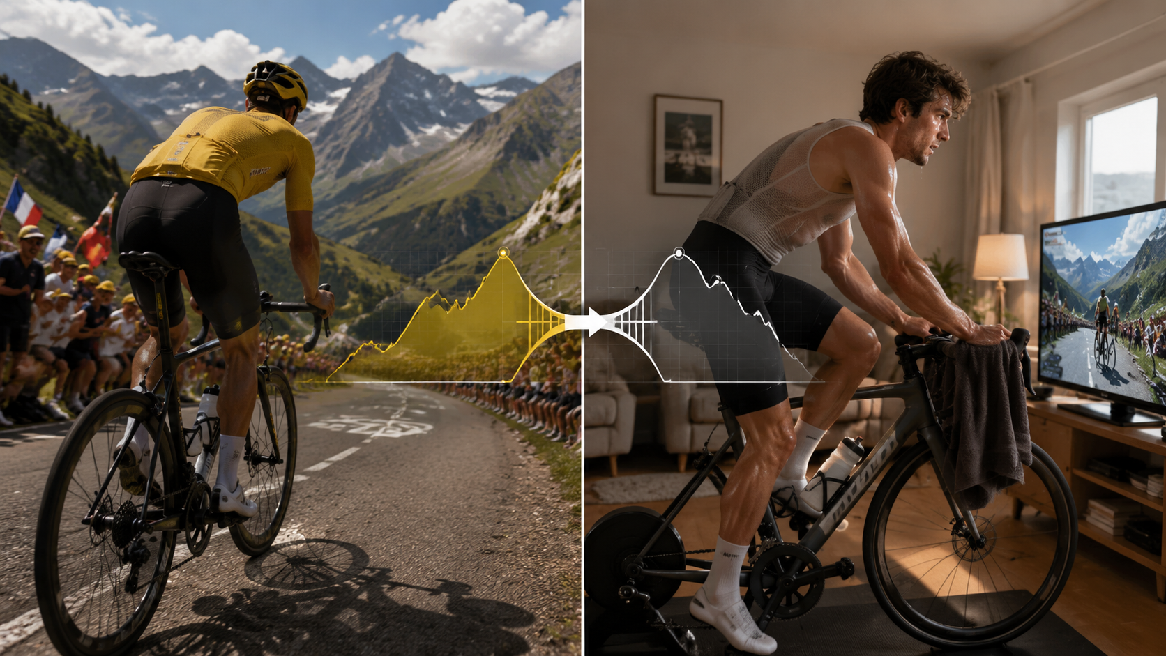 Tour de France climbing scene translated into a compact apartment indoor cycling workout