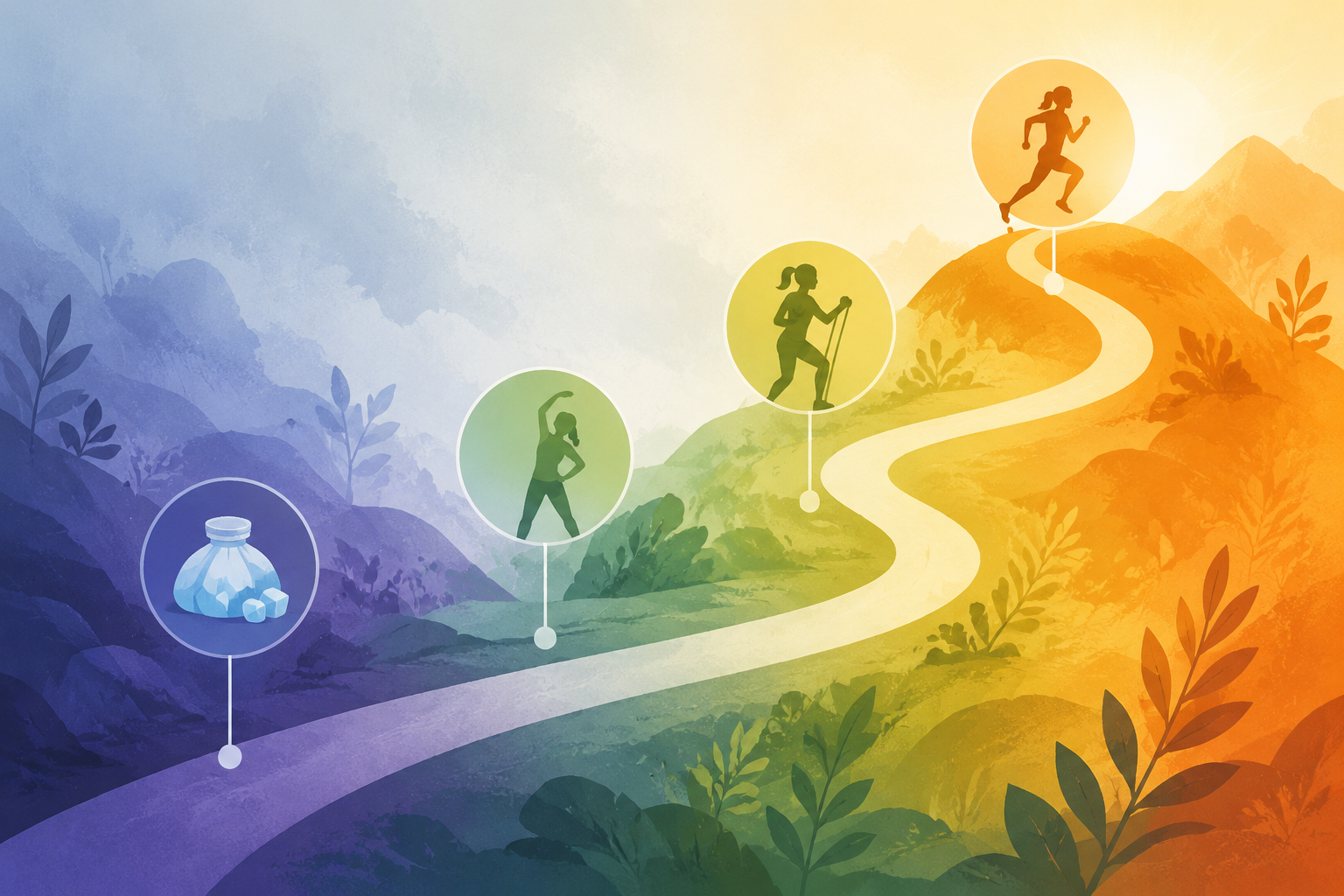 Four color zones showing an ascending rehabilitation path from ice and stretching to resistance work and running