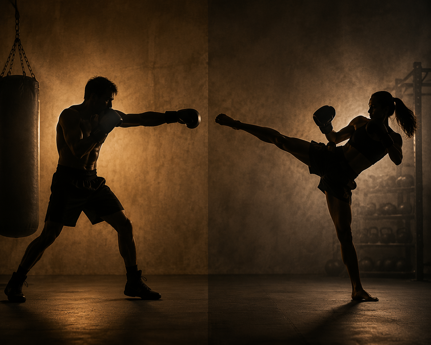 Boxer throwing punches beside a kickboxer executing a roundhouse kick