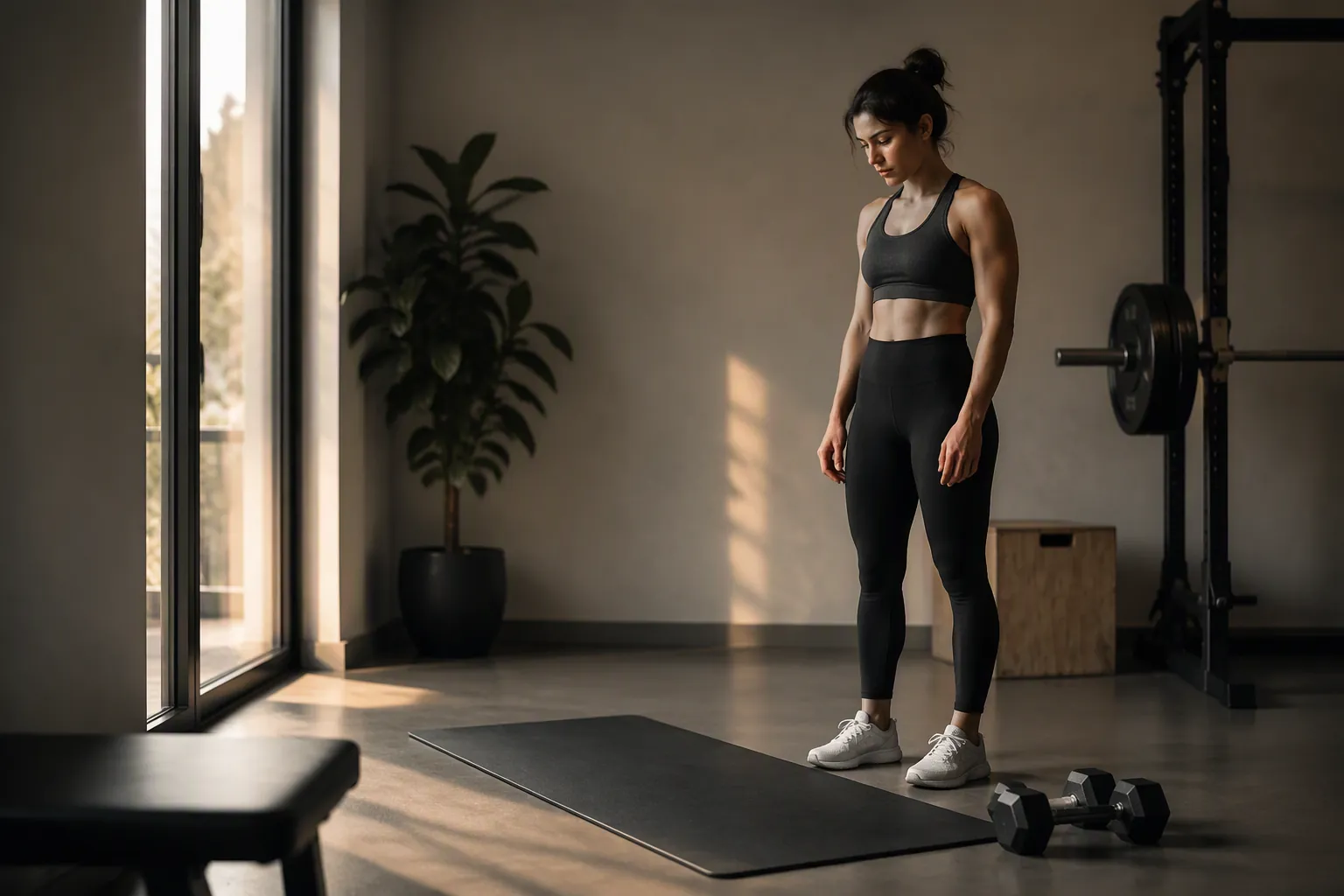 A hesitant person stands near a yoga mat and dumbbells in a quiet home gym