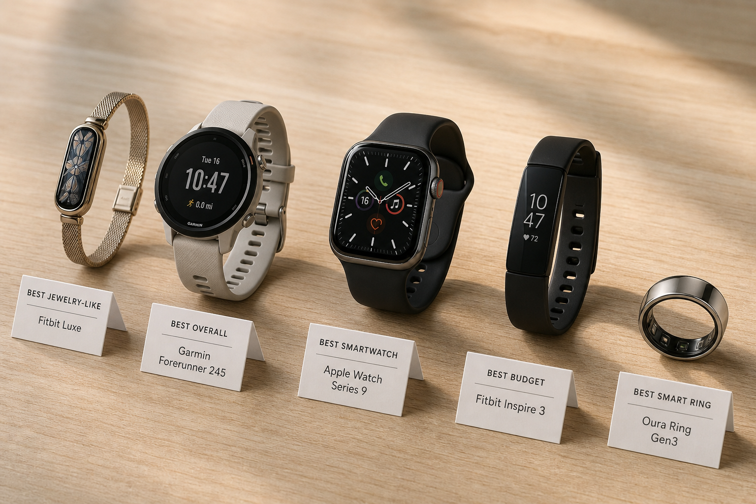 Editorial flat lay of five fitness tracker devices with labeled use-case cards.