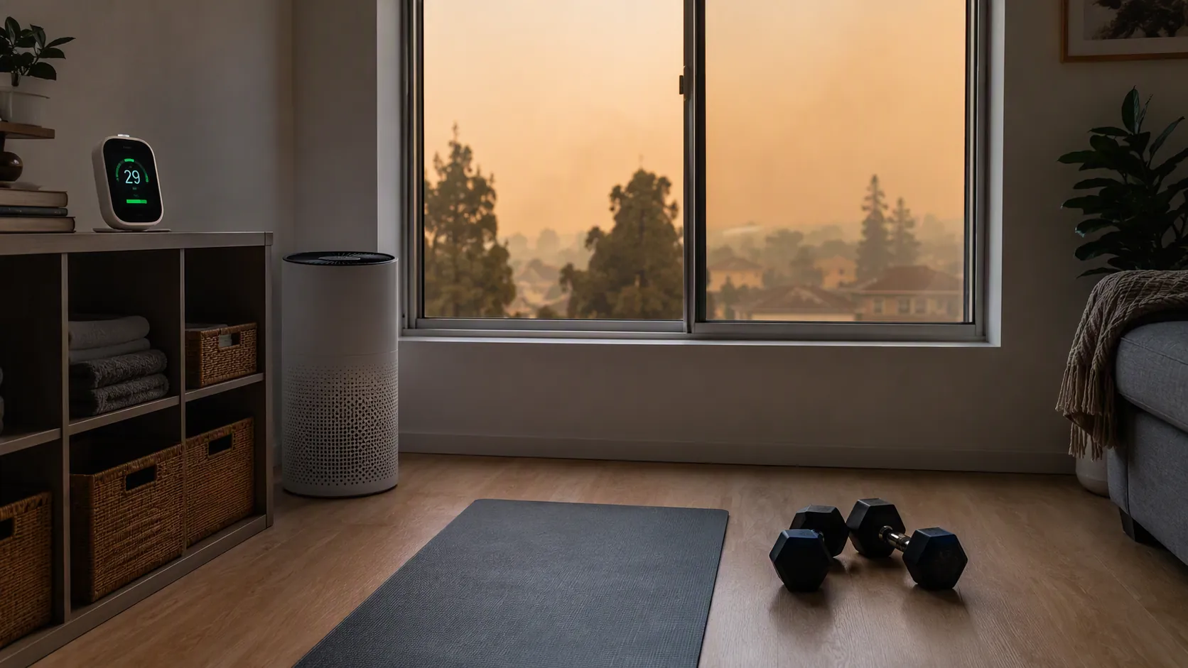 Compact apartment workout corner with a purifier and air quality monitor while wildfire smoke is visible outside