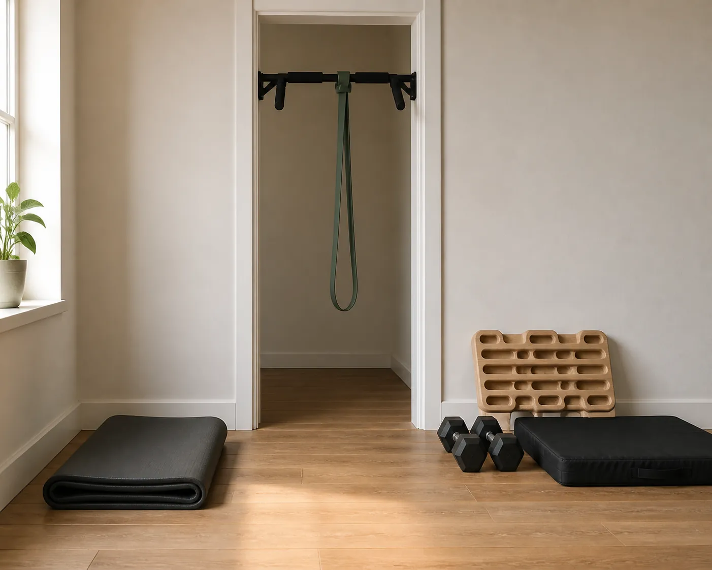 Three home climbing training gear tiers on an apartment floor: exercise mat, doorway pull-up bar with resistance band, hangboard, dumbbells, and thin crash pad