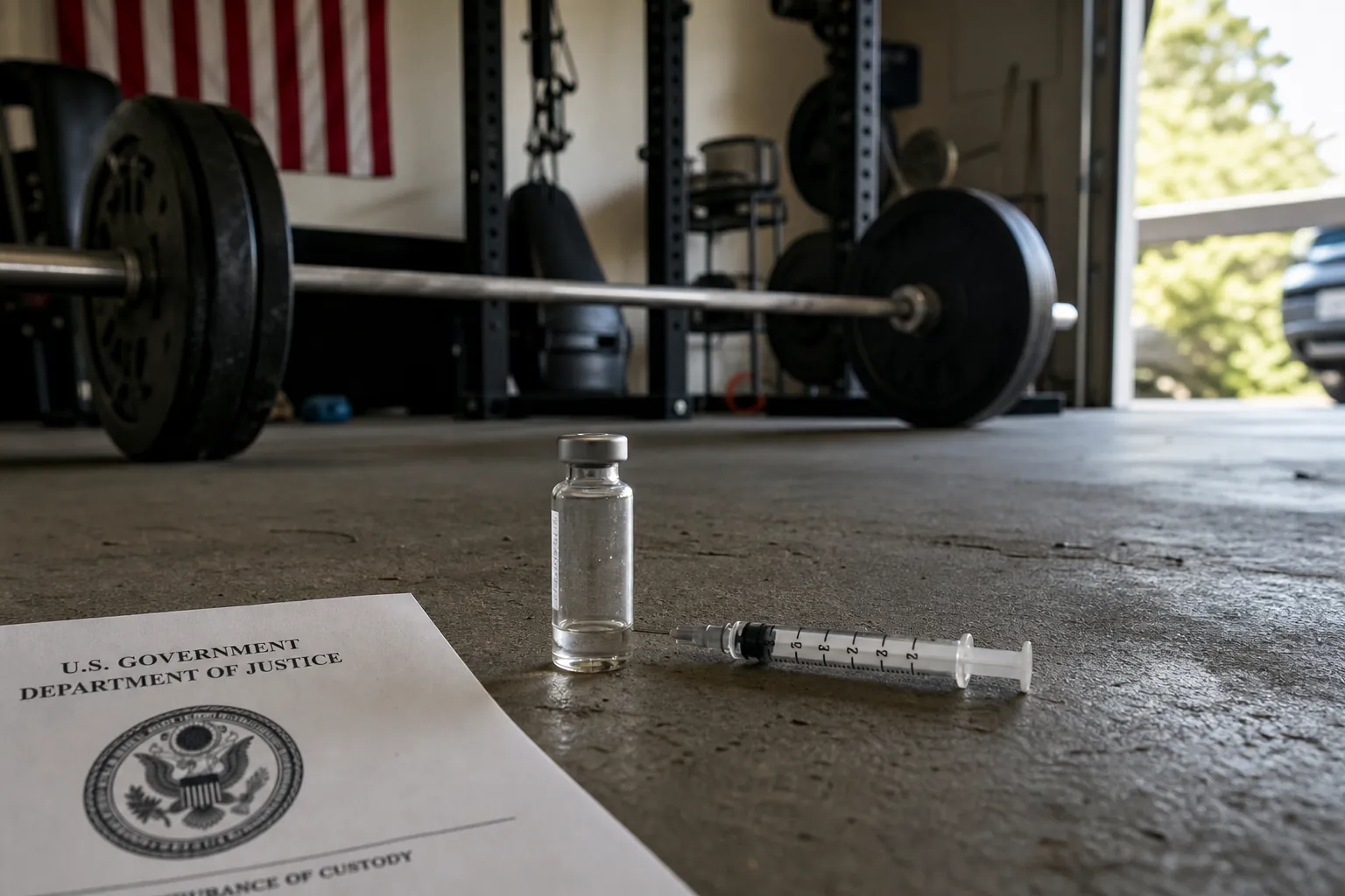 A garage gym with weights, a small vial and syringe, and a government document in cautious editorial lighting