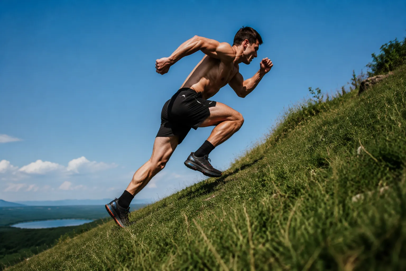 Runner sprinting up a steep grass hillside during explosive speed training