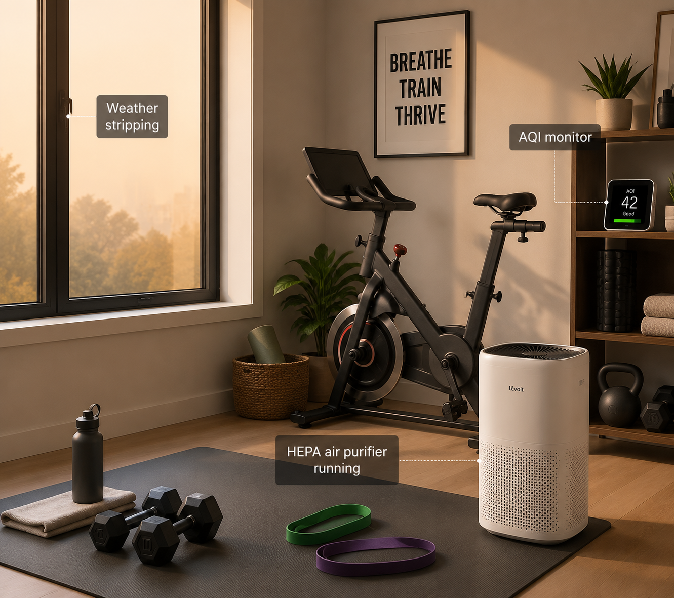 Compact apartment home gym with dumbbells, resistance bands, indoor cycle, HEPA air purifier, AQI monitor, and sealed window