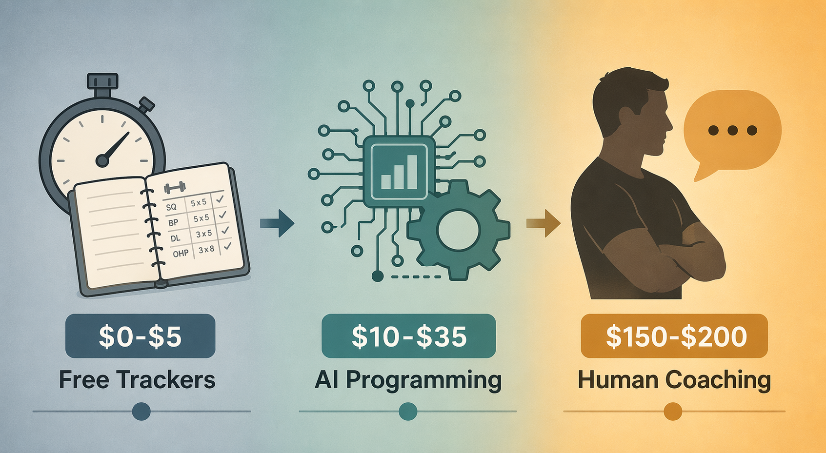 Three strength training app coaching tiers: free trackers, AI programming, and human coaching