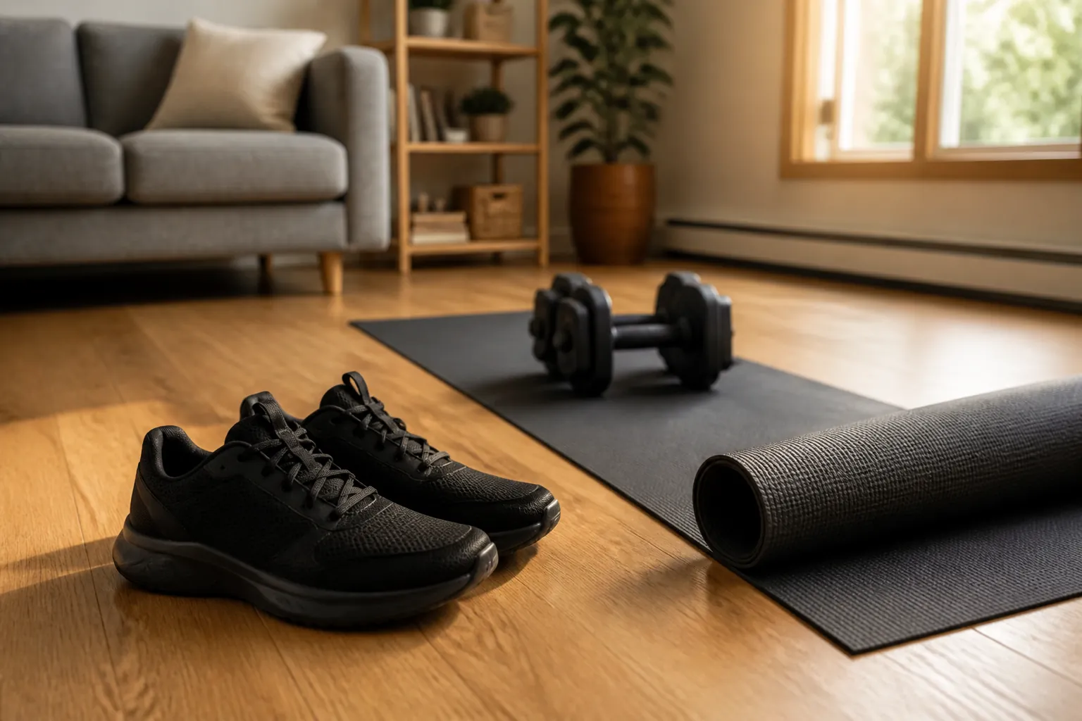 Black training shoes on a light oak apartment floor beside a partially unrolled rubber workout mat