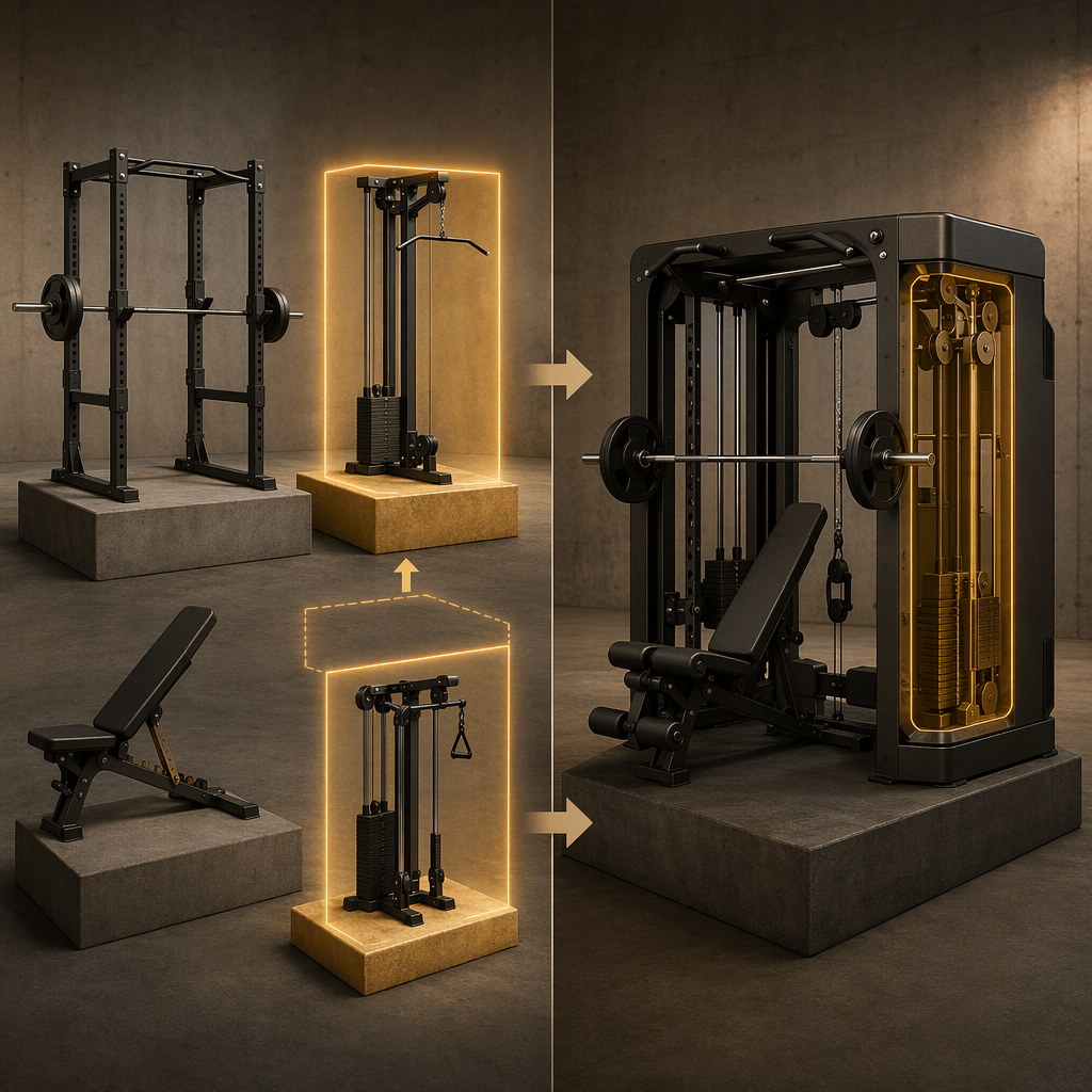 Illustration comparing modular separate gym equipment upgrades with an all-in-one machine where changing one function affects the whole unit
