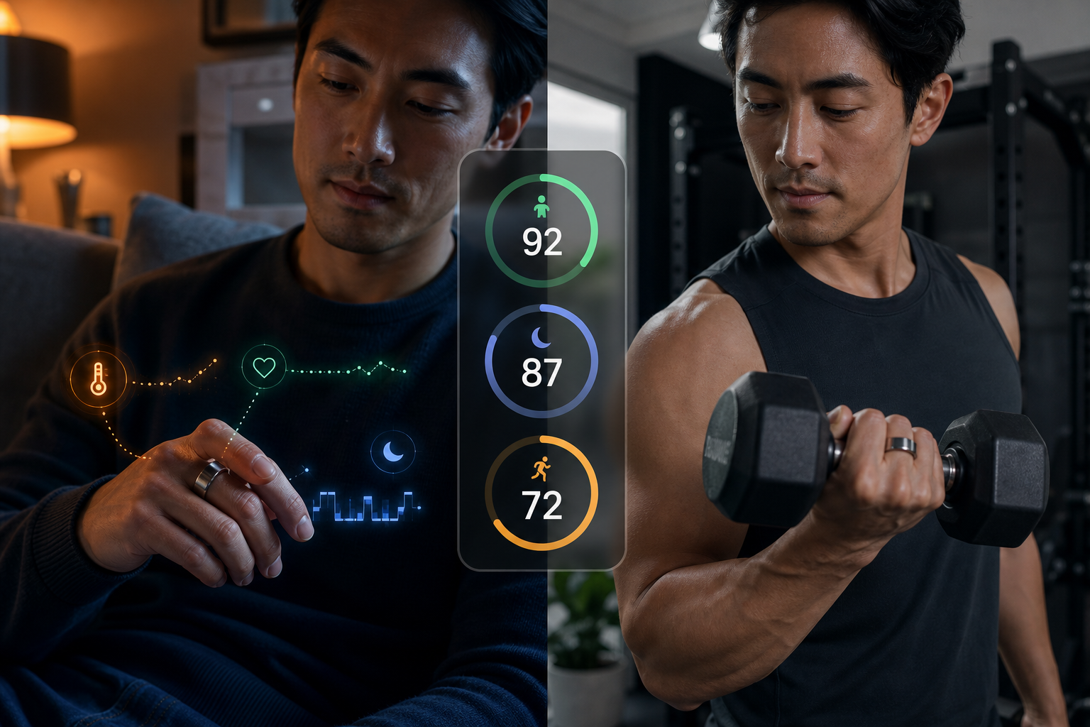 Split composition: left side shows a hand with a smart ring resting on a couch with warm lighting and glowing data overlays; right side shows the same person doing a dumbbell curl in a home gym with the ring visible on the same finger. A semi-transparent dashboard overlay between the scenes shows Readiness 92, Sleep 87, Activity 72.