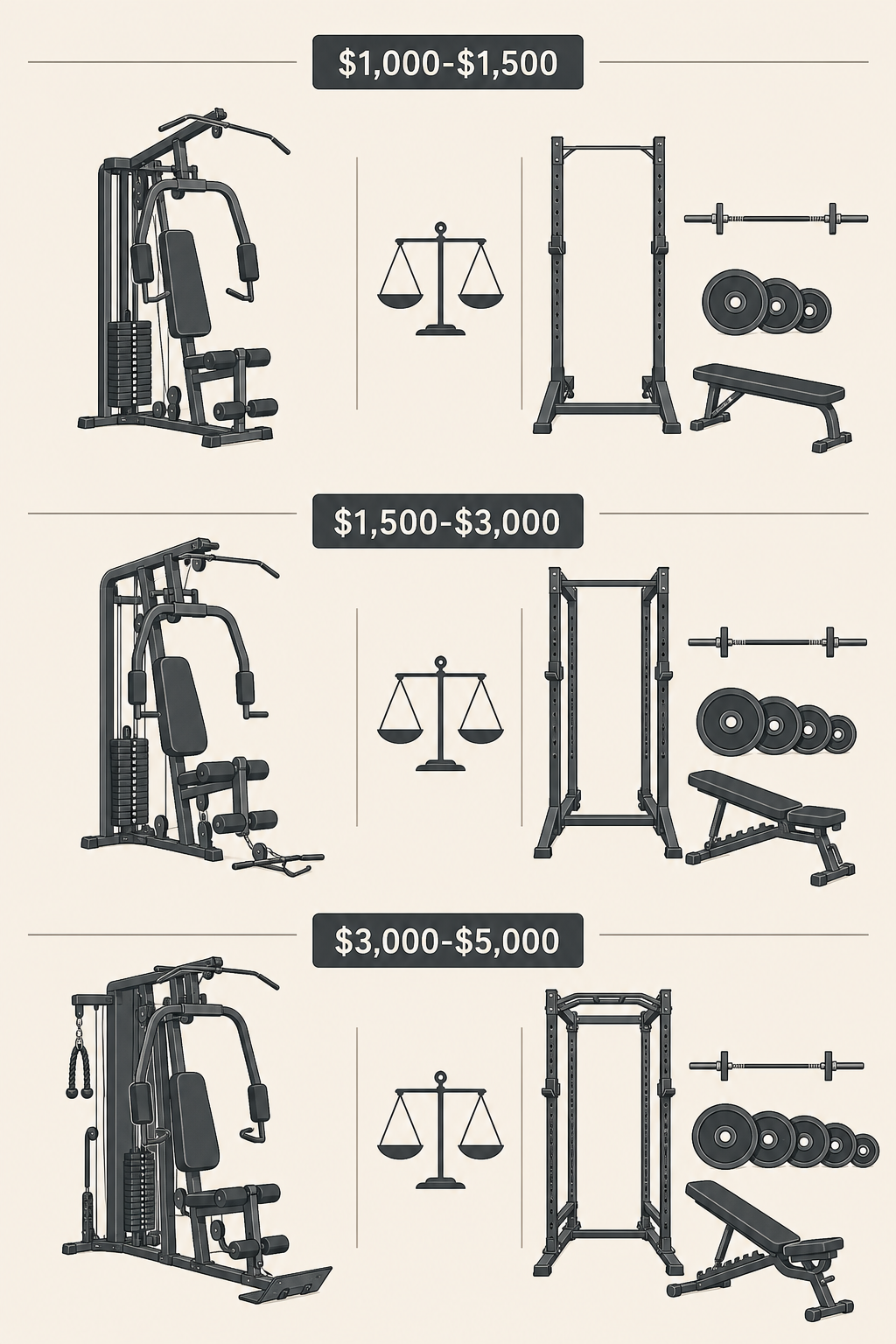 A three-row comparison visual showing all-in-one machine icons on the left and separate equipment icons on the right across three budget tiers with a balance scale symbol between them.