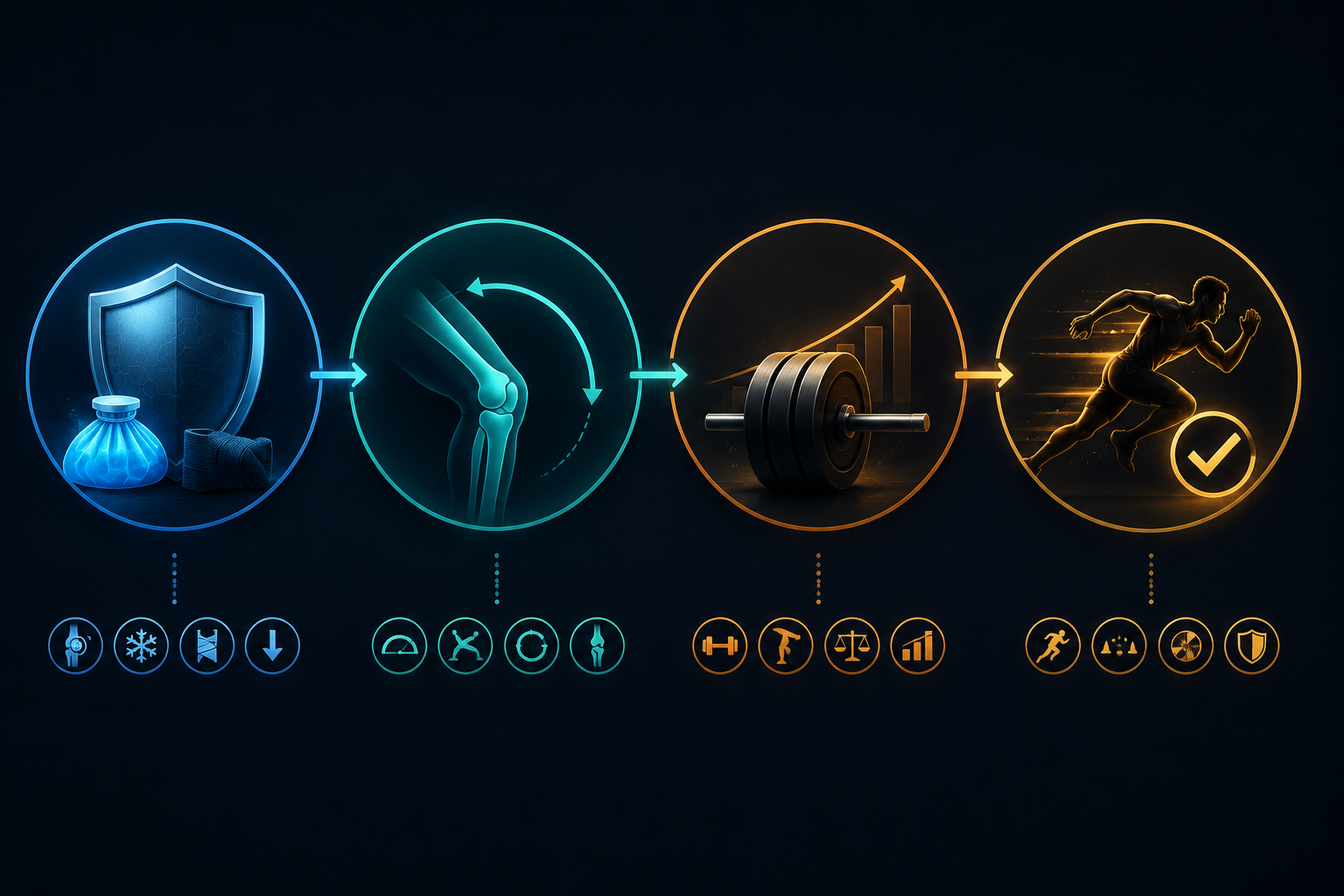Four-panel rehab workflow showing protection, range of motion, loading, and return to sport