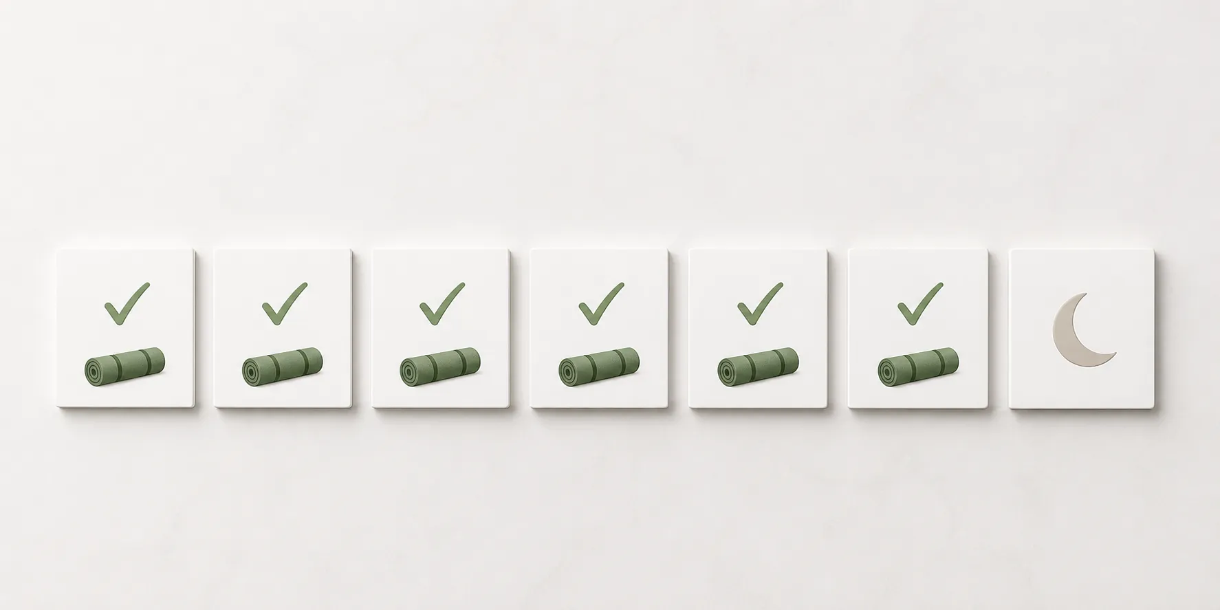 Weekly routine cards with six workout checkmarks and one rest symbol
