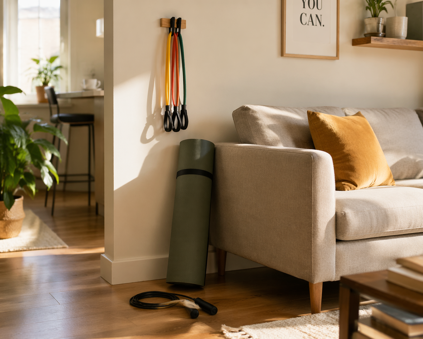 Small apartment corner with a rolled exercise mat, resistance bands, and a coiled jump rope