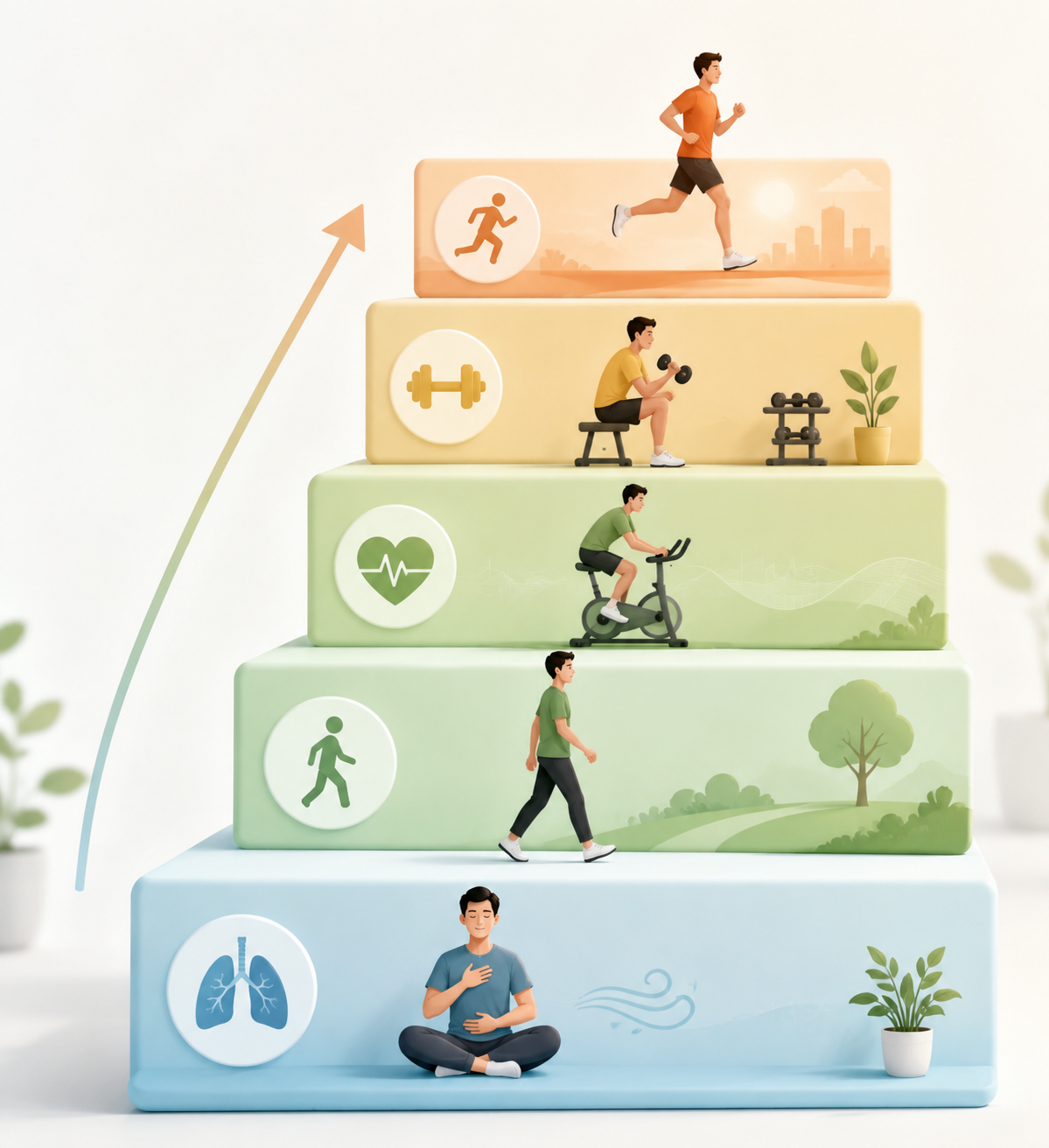 Five recovery phases from breathing exercises and daily activity through walking, low-intensity cardio, resistance training, and full training return