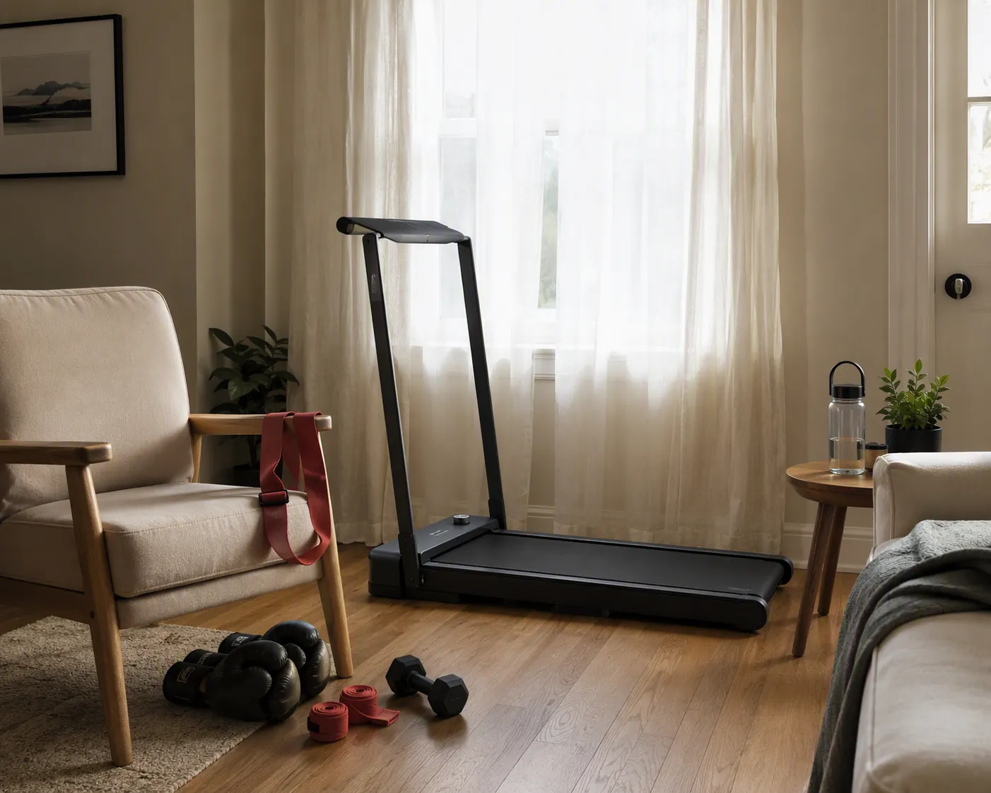 Compact walking pad, resistance bands, boxing wraps, gloves, dumbbell, and water bottle in a bright home living room corner