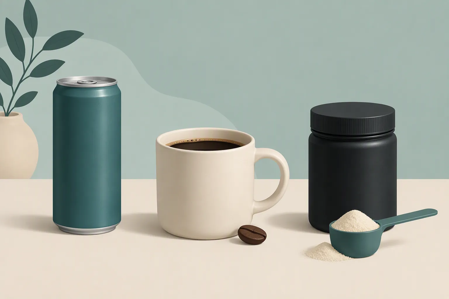 Illustration comparing a slim can, a coffee mug, and a scoop of powder on a table