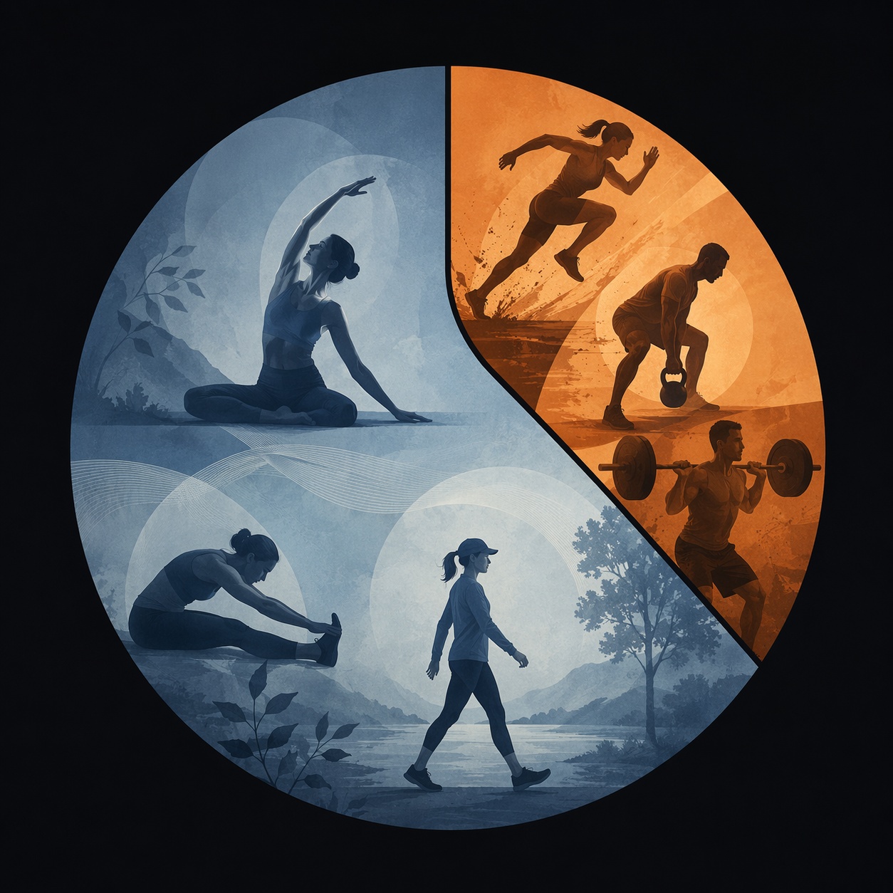 An abstract editorial visual of the 80/20 training intensity principle, showing 80% of a circular composition with low-intensity activities like yoga and stretching in muted blue tones and 20% with higher-intensity training imagery in warmer orange tones.