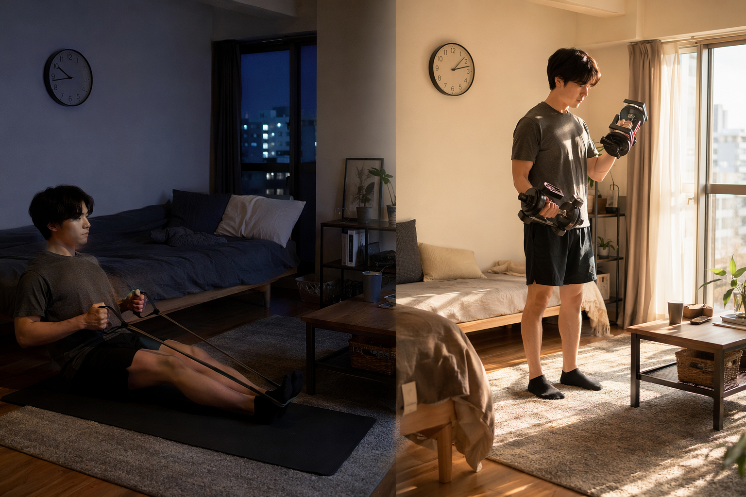 Small apartment split scene showing resistance bands used at night and adjustable dumbbells used during daytime